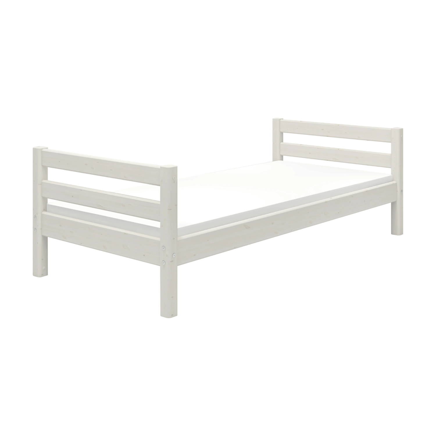 Lit simple FLEXA WHITE, 90 x 200 cm, style scandinave avec sommier à lattes et matelas, présenté dans une chambre denfant.
