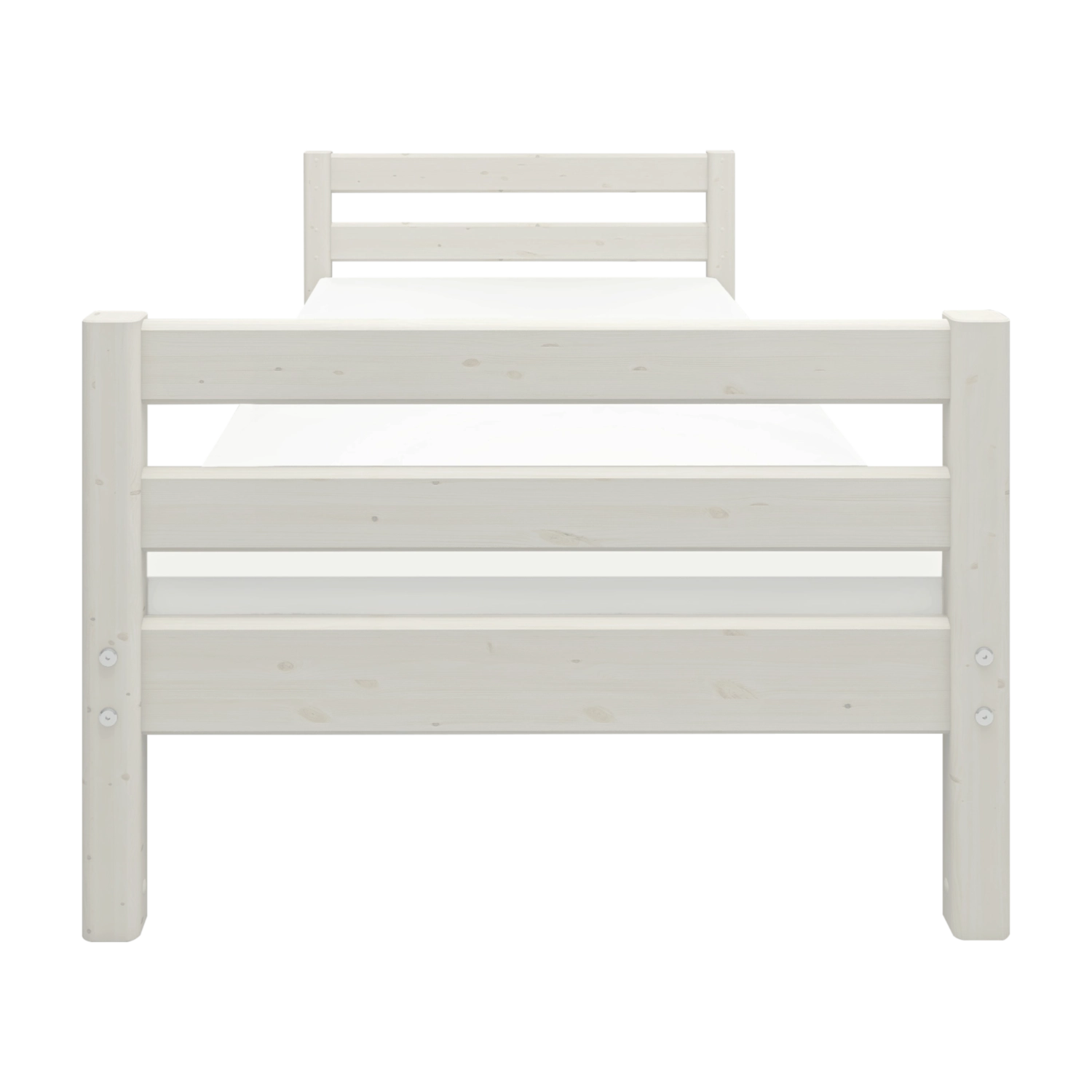 Lit simple blanc FLEXA, style scandinave, sommier à lattes intégré, conception adaptée aux enfants dans une chambre denfant.