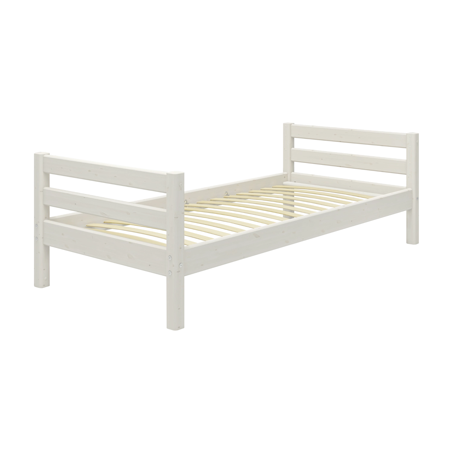 Lit simple FLEXA de la collection WHITE, structure en bois blanc avec tête de lit, bords arrondis pour la sécurité des enfants, dans une chambre denfant.
