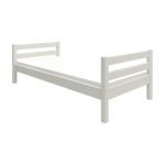 Lit simple FLEXA, BLANC, issu dune gamme SCANDINAVE, avec tête de lit à lattes ; conception adaptée aux enfants pour la chambre denfant.