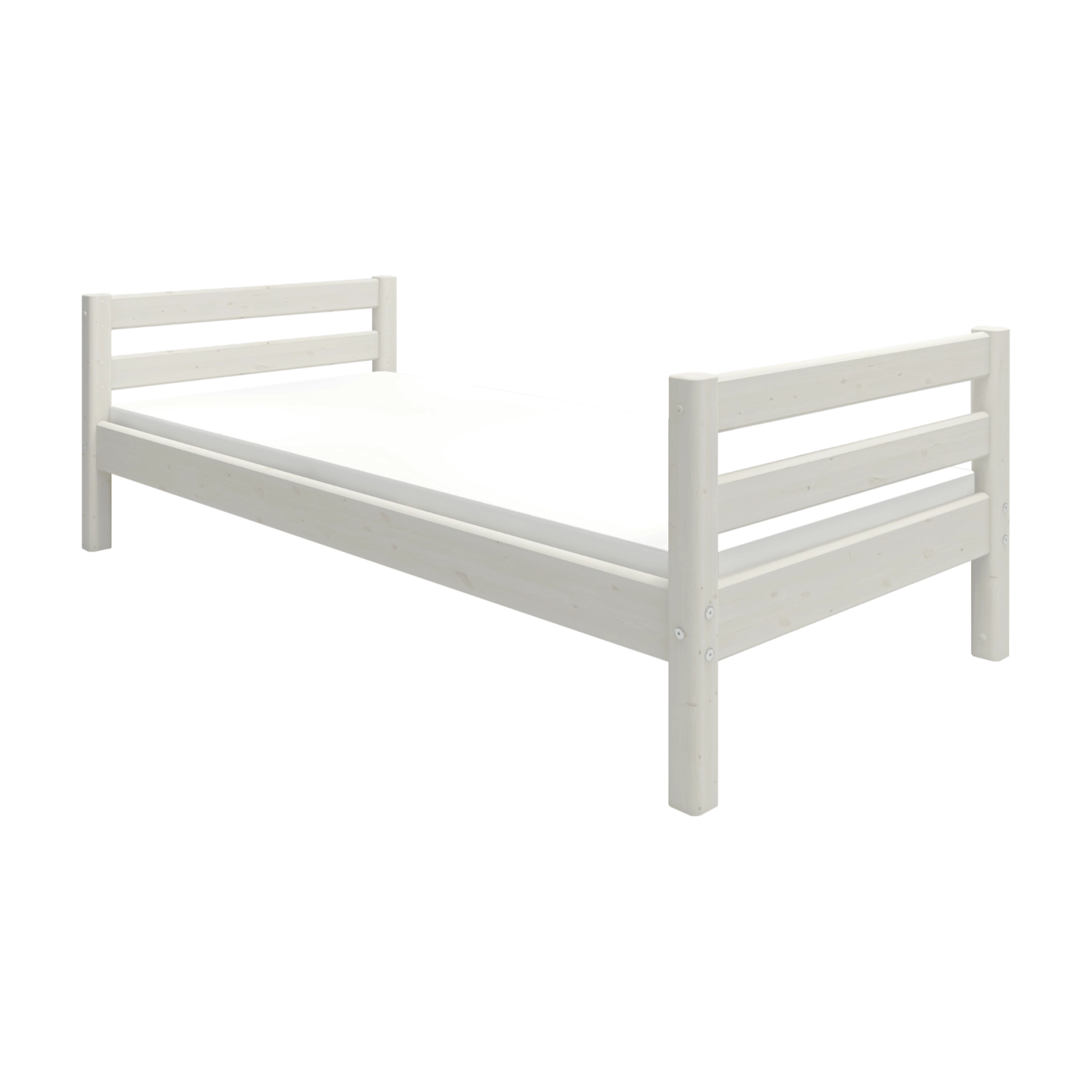 Lit simple FLEXA, BLANC, issu dune gamme SCANDINAVE, avec tête de lit à lattes ; conception adaptée aux enfants pour la chambre denfant.