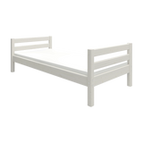 Lit simple FLEXA, BLANC, issu dune gamme SCANDINAVE, avec tête de lit à lattes ; conception adaptée aux enfants pour la chambre denfant.