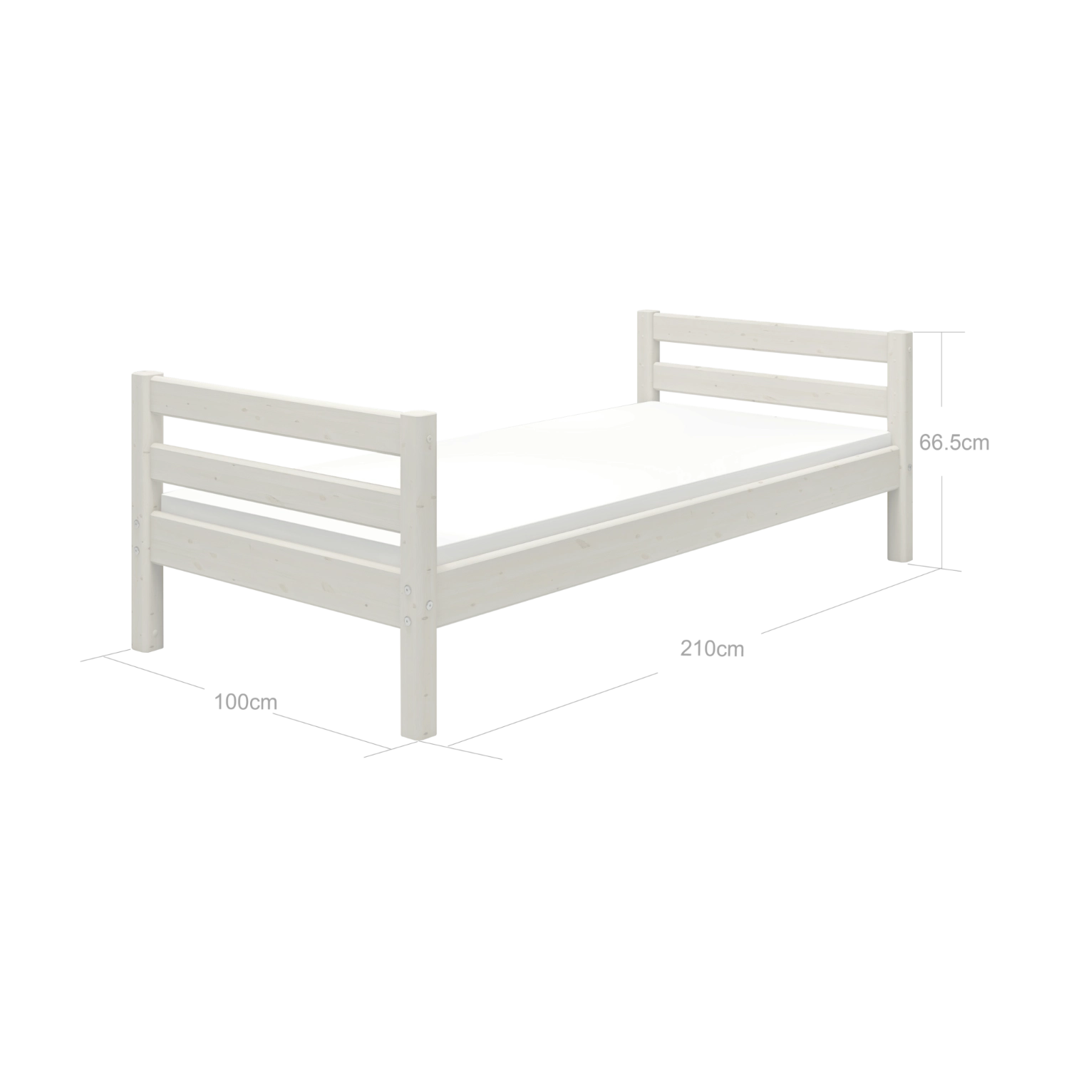 Lit simple FLEXA de la gamme CLASSIC, en bois blanc, sommier à lattes apparentes, bords arrondis pour la sécurité des enfants, dans une chambre denfant au style minimaliste.