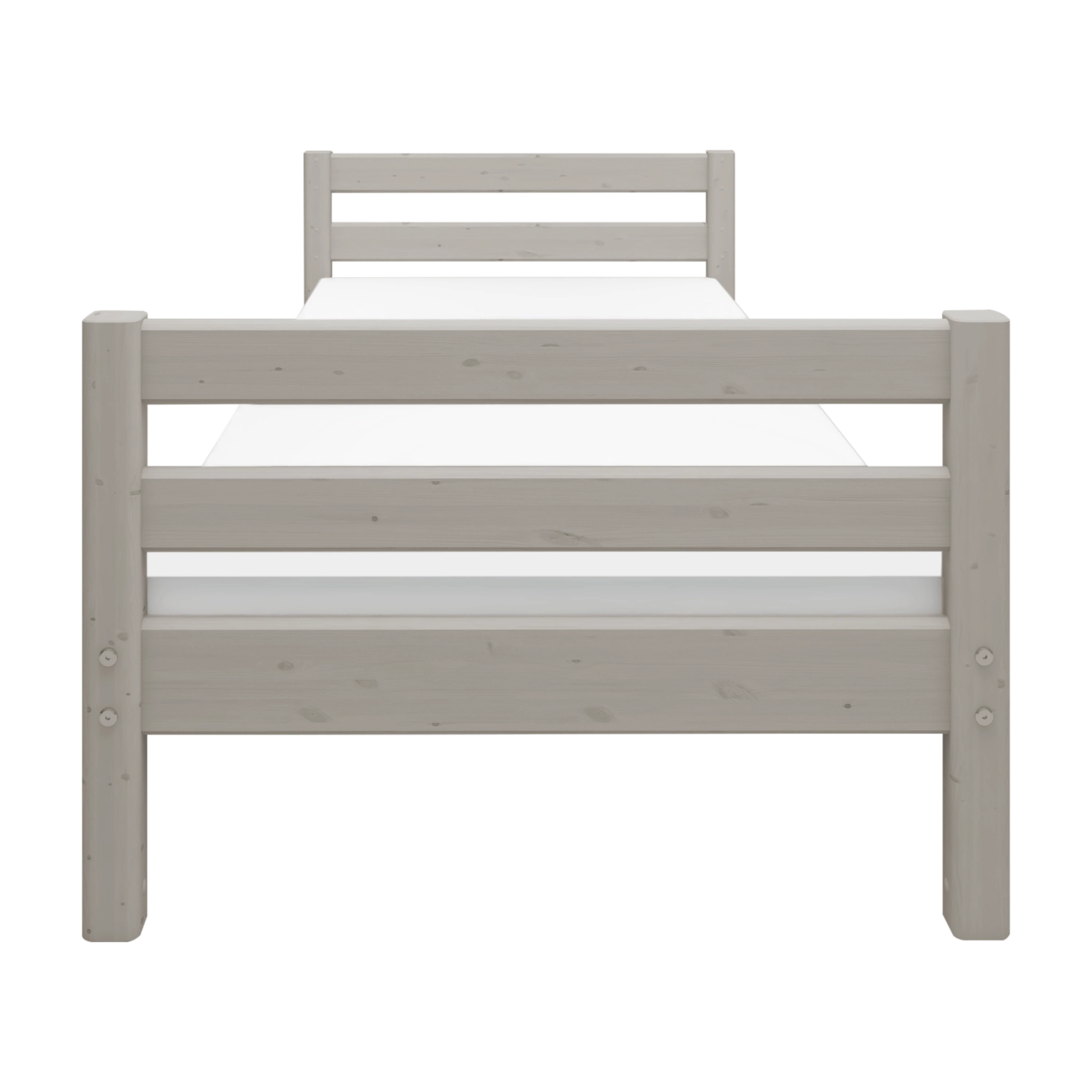 FLEXA-Einzelbett aus der CLASSIC-Kollektion in hellgrauem Holz, abgebildet in einem Kinderzimmer mit sichtbaren Seitengittern.