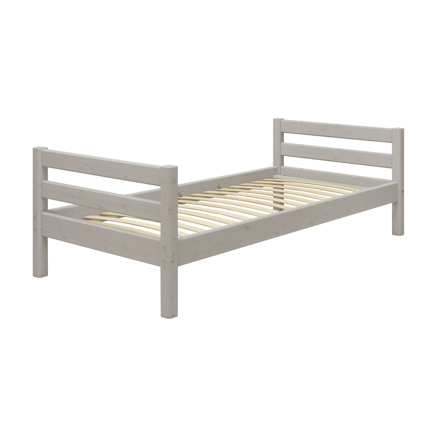 FLEXA Einzelbett, Serie CLASSIC, graue Oberfläche, Lattenrost; kindersichere Kanten; geeignet für ein Kinderzimmer; weißer Hintergrund.