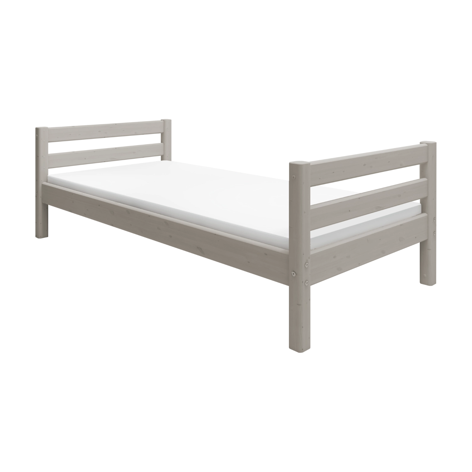 Lit FLEXA de la collection CLASSIC, bois gris, tête de lit à lattes, coins sécurisés pour les enfants, présenté dans une chambre denfant.