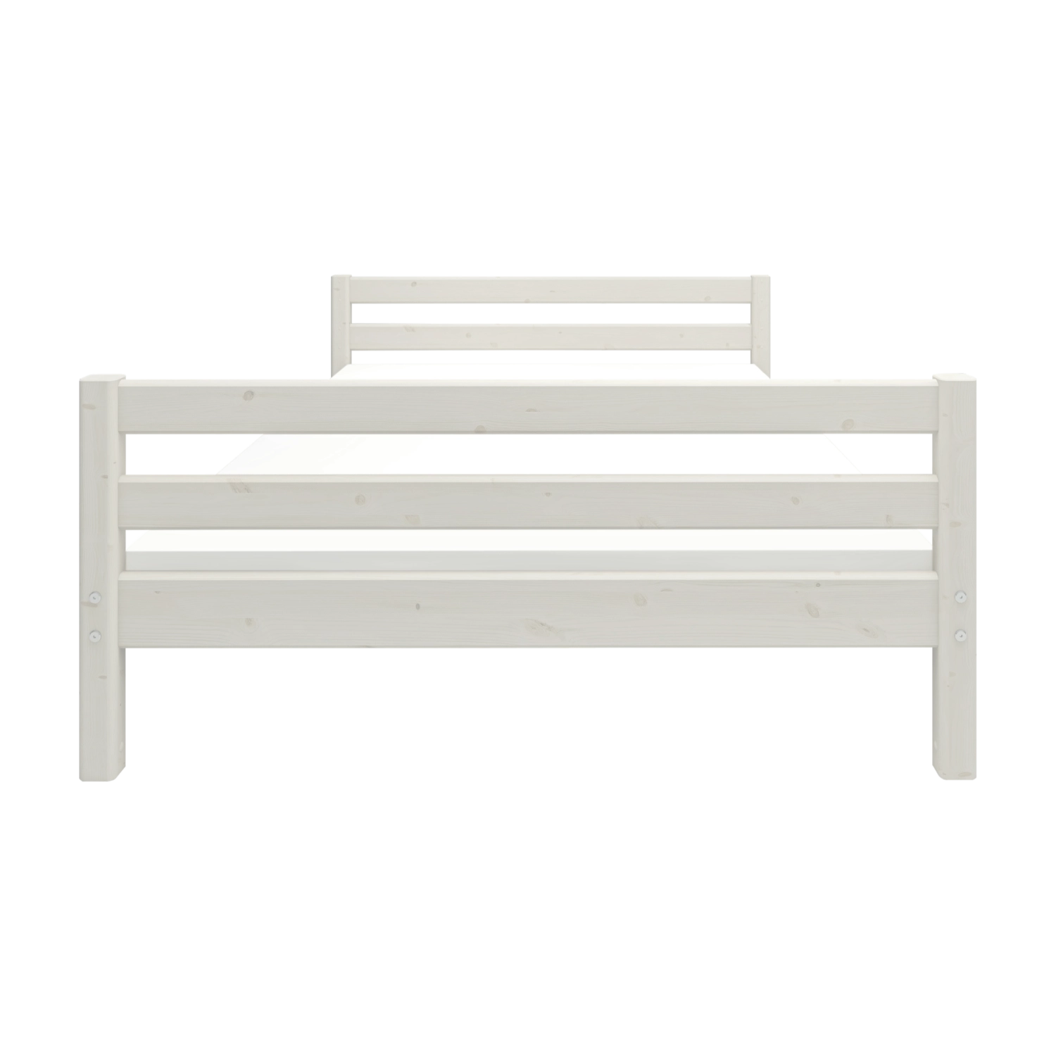 FLEXA-Einzelbett aus der WHITE-Kollektion, 140 x 200 cm, aus weißer Kiefer mit Lattenrost am Kopf- und Fußteil, hier von vorne abgebildet.