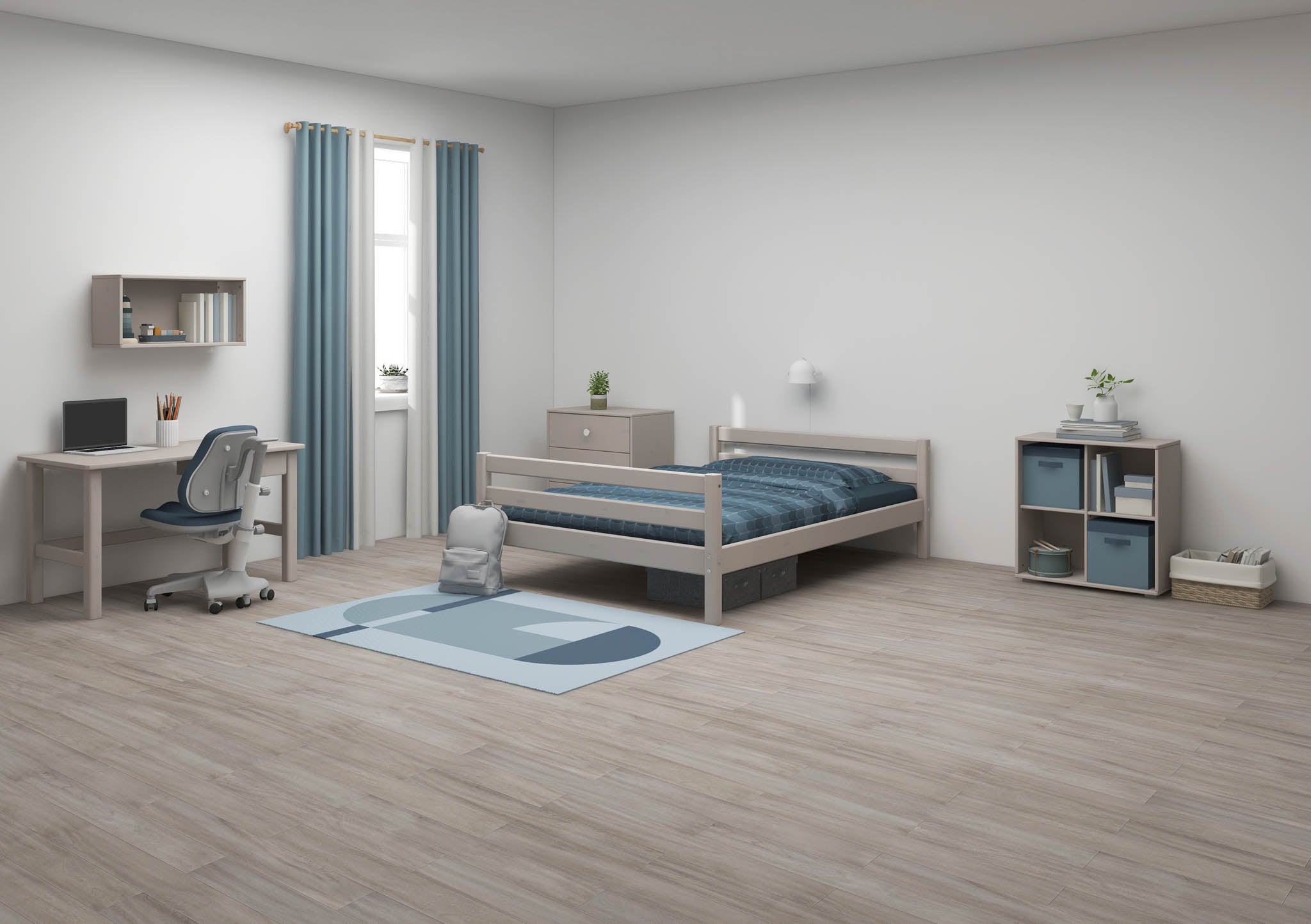 FLEXA single bed, grey, in a minimalist child’s bedroom with blue accents; child-safe rounded edges visible.