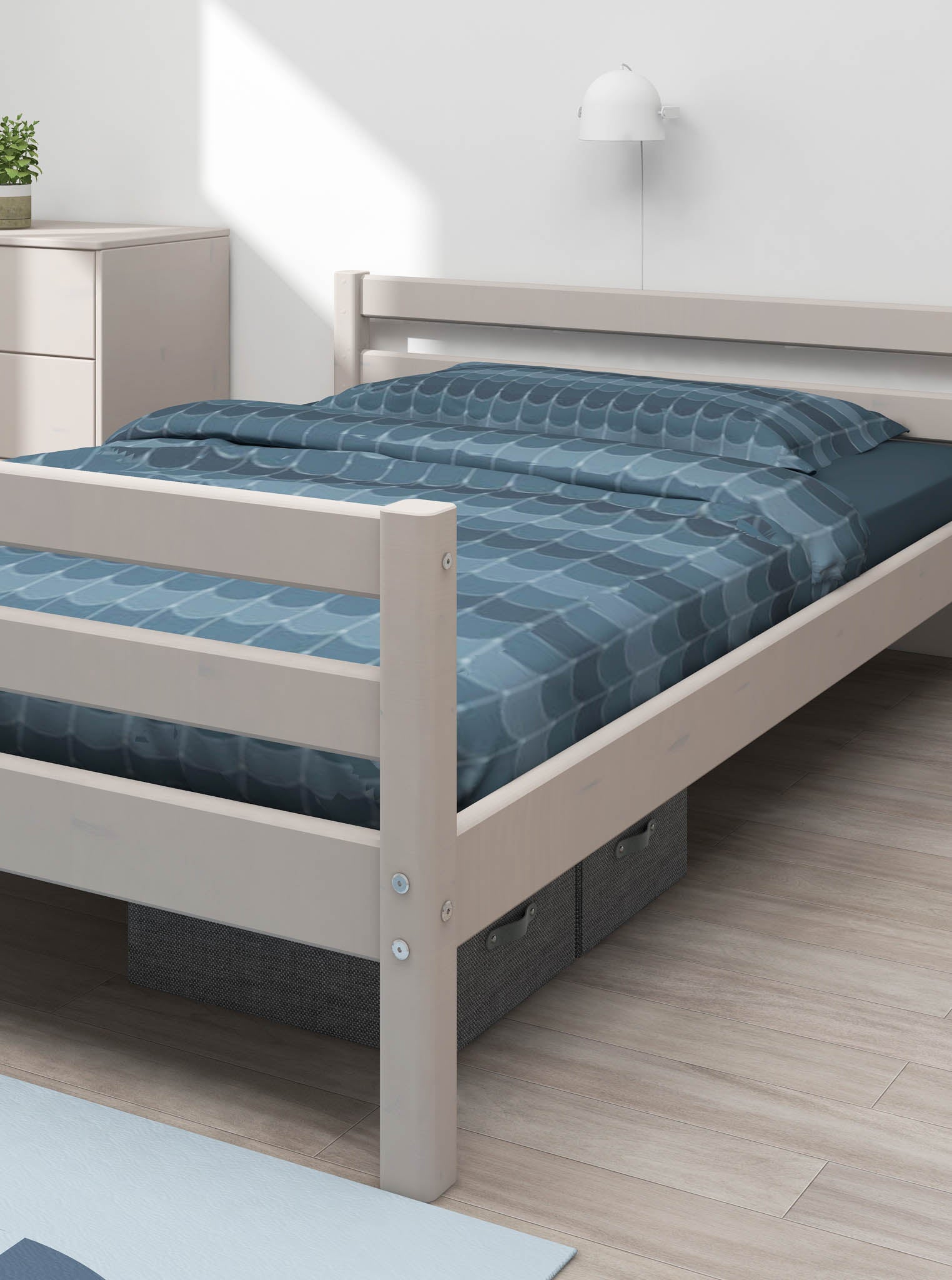 FLEXA single grey bed, 140x200 cm, blue geometric bedding, light wood minimalist bedroom, child-safe rounded edges.