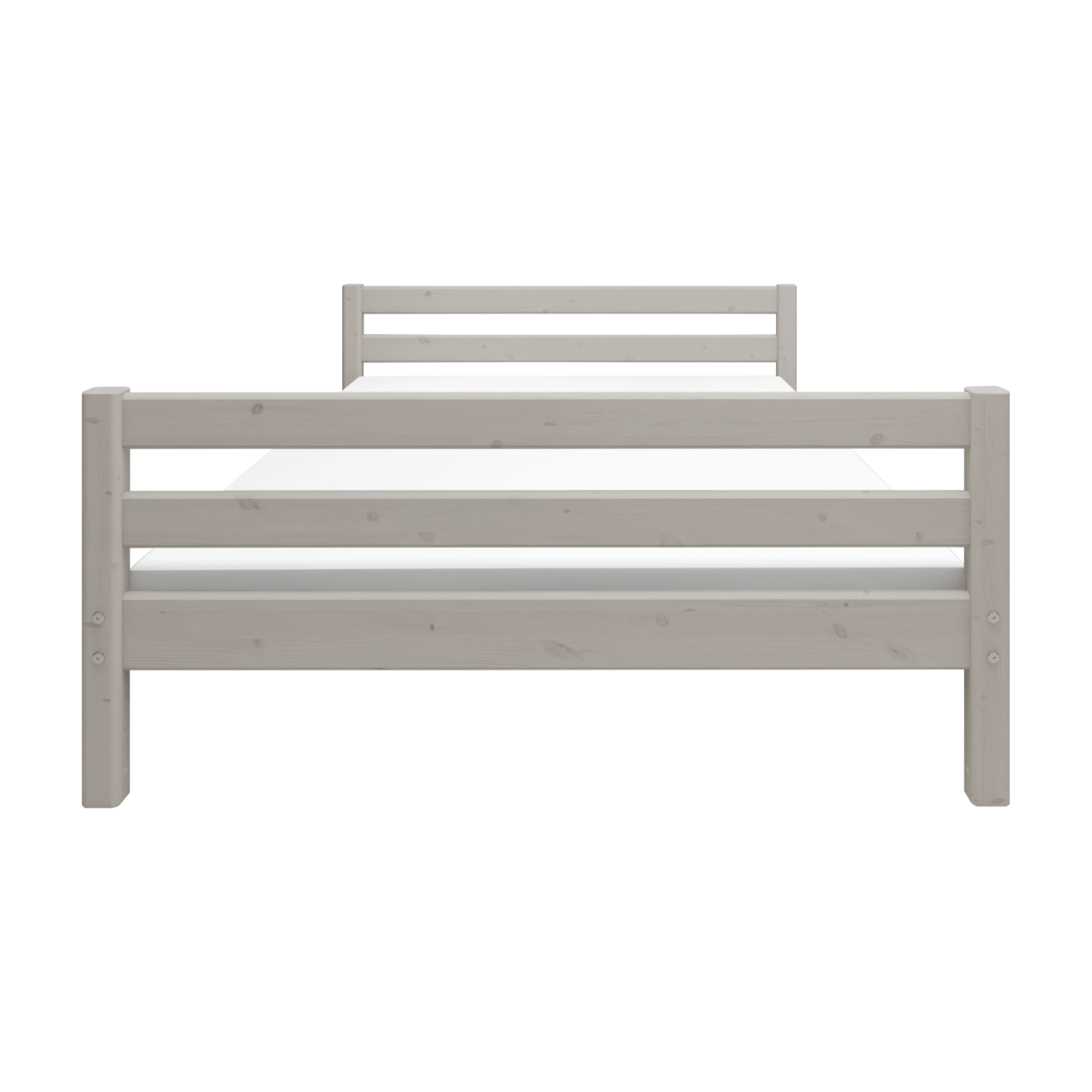 FLEXA Classic single bed in grey solid pine with slatted headboard and footboard, shown front-on in a child’s bedroom.