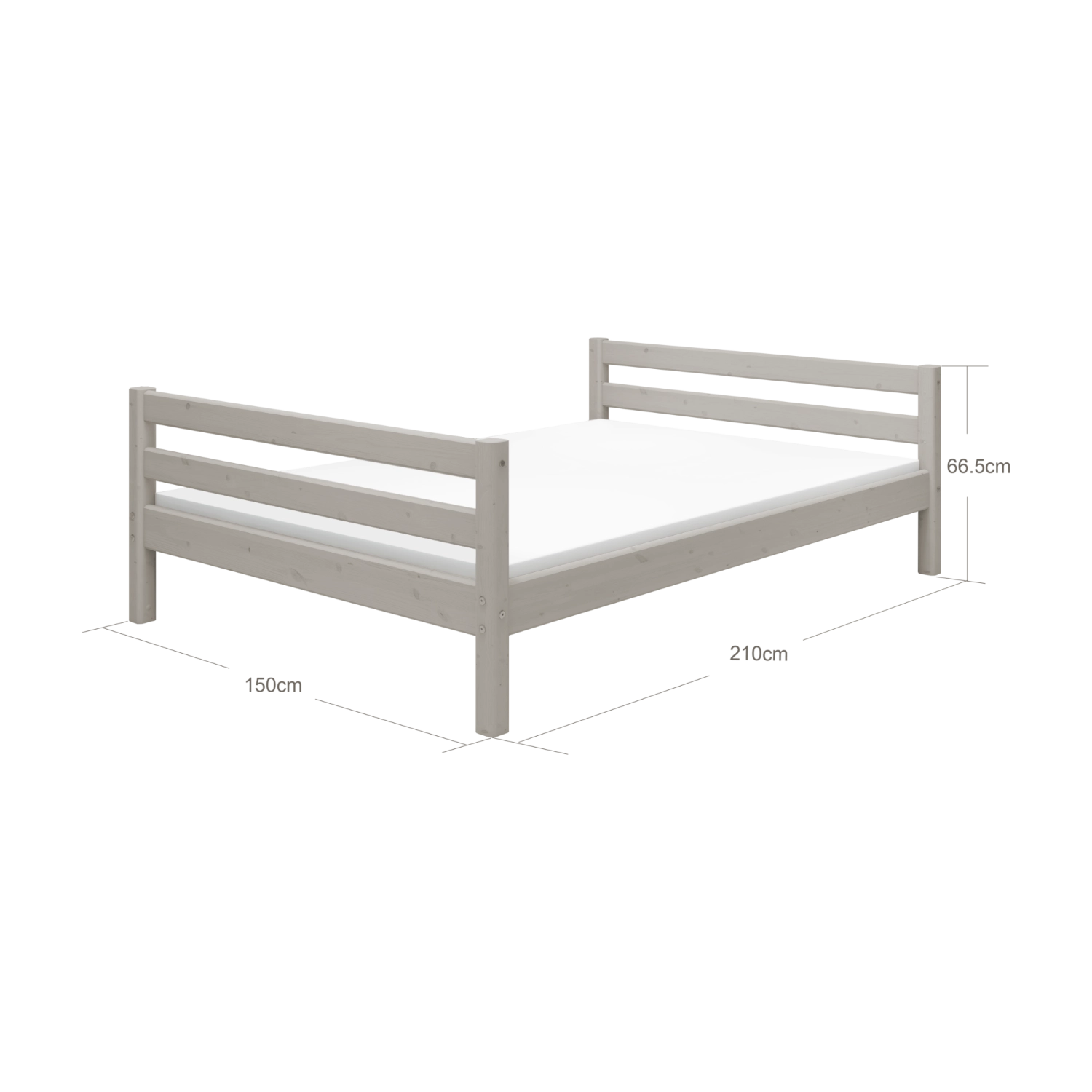 FLEXA single bed, GREY frame with headboard and footboard, shown in child’s room, safe rounded edges, 140x200 cm.