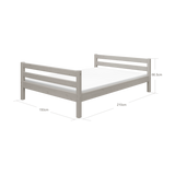 FLEXA single bed, GREY frame with headboard and footboard, shown in child’s room, safe rounded edges, 140x200 cm.