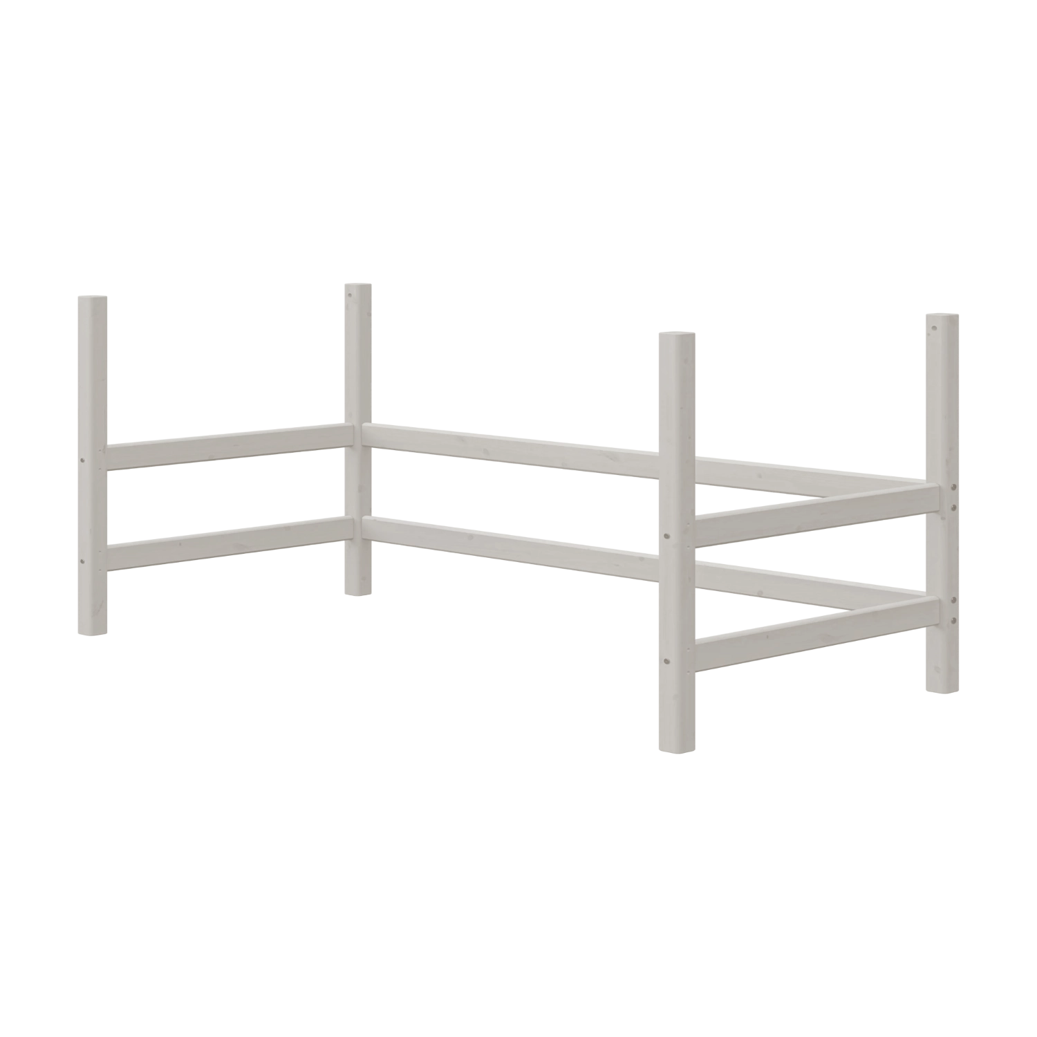 FLEXA HIGH Bettbeine in Grau aus der CLASSIC-Kollektion, abgebildet sind vier hohe Pfosten, kindersichere Kanten, Matratze nicht abgebildet.