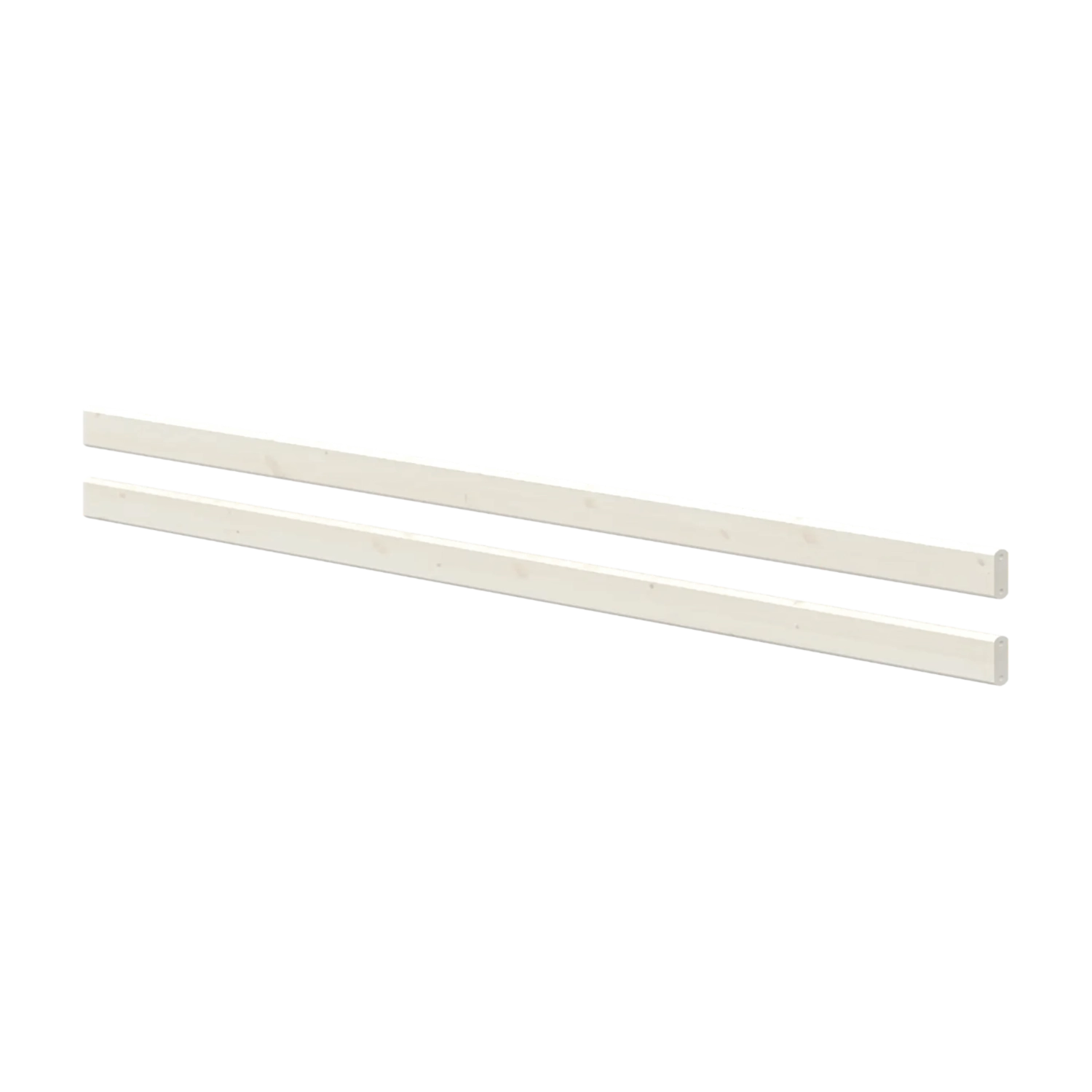 Barrières de sécurité blanches FLEXA, 200 cm, deux barrières côte à côte sur fond gris ; conception adaptée aux enfants pour les lits ou les lits superposés.
