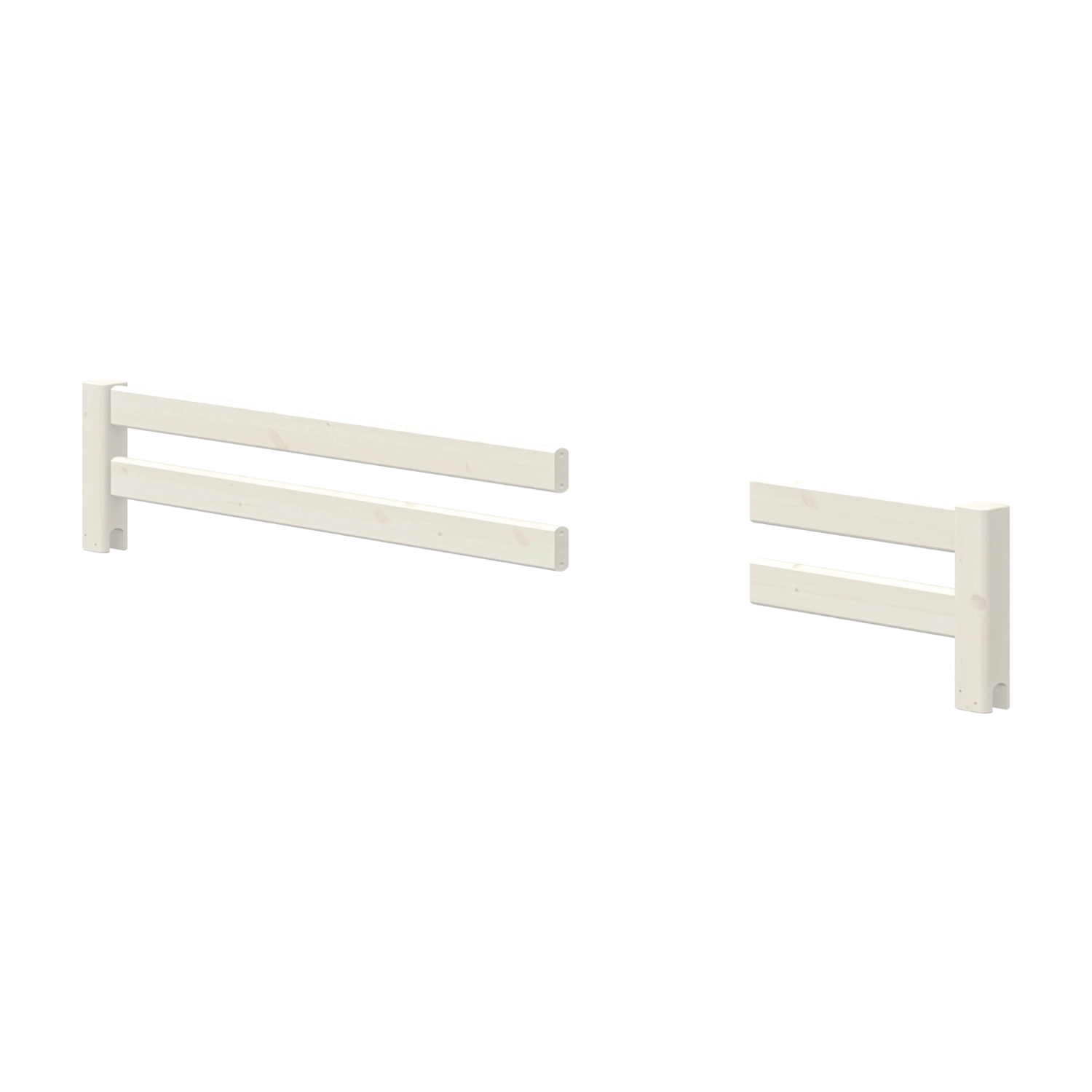 Barrières de sécurité FLEXA de la collection WHITE, finition blanche, modèle à deux barreaux, bords sécurisés pour les enfants, présentées sur un fond clair.