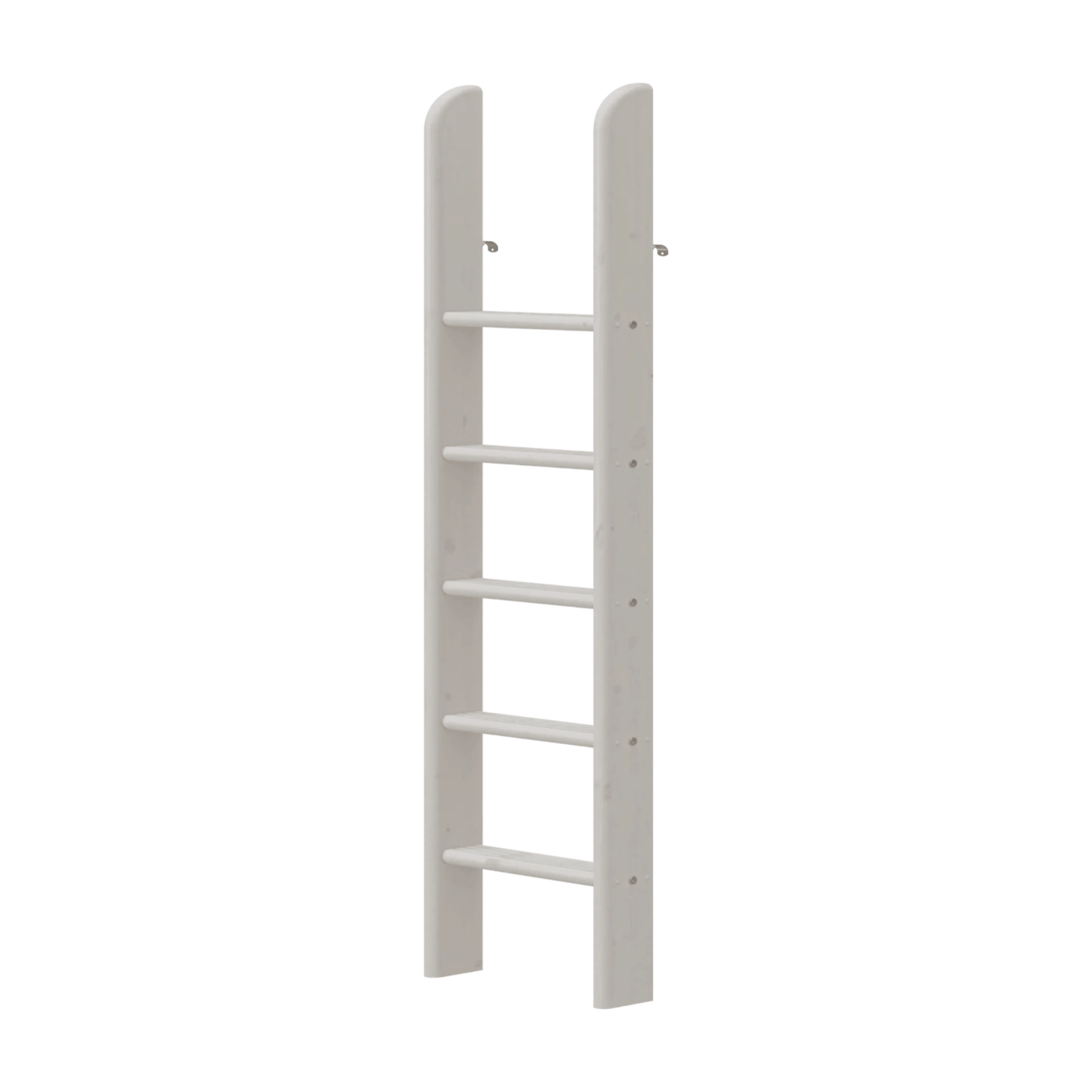 Échelle droite grise FLEXA de POPSICLE pour lit surélevé, 5 marches antidérapantes, présentée sur fond blanc, bords sécurisés pour les enfants visibles.