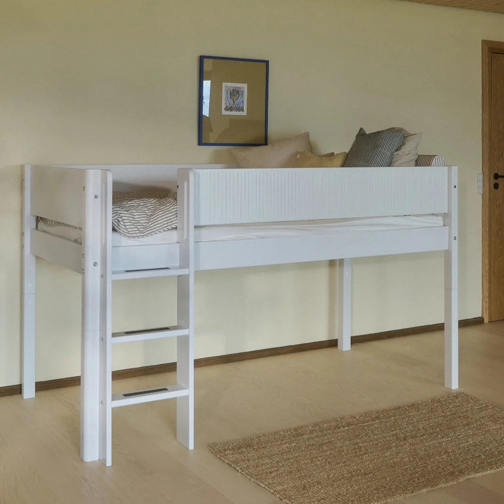 FLEXA High Bed 120 cm with Straight Ladder and Safety Rail, 90x200 cm, WHITE, Grooves, view 3
