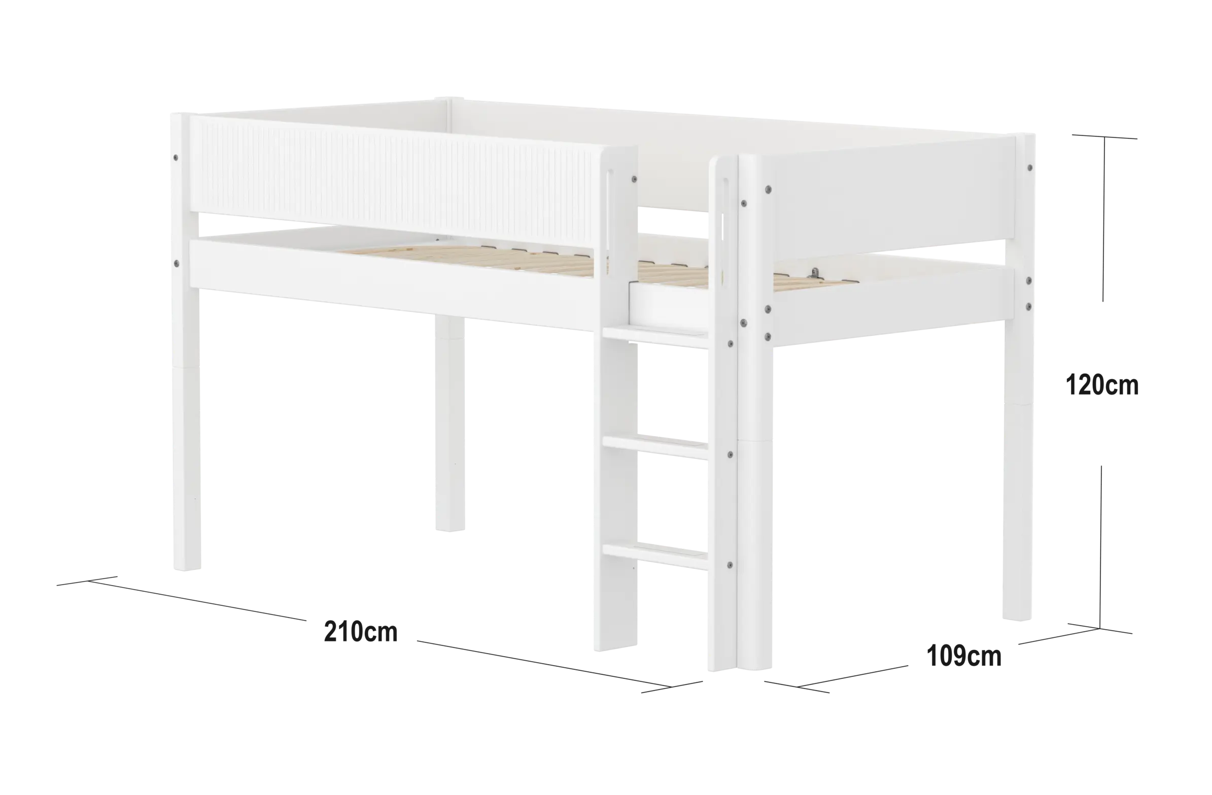 High Bed 120 cm with Ladder and Safety Rail, 90x200 cm, White MID_HIGH-BED midslp-f-wht-mdf-200x90-str-ladder-grooves-f-wht  flexa-com.myshopify.com