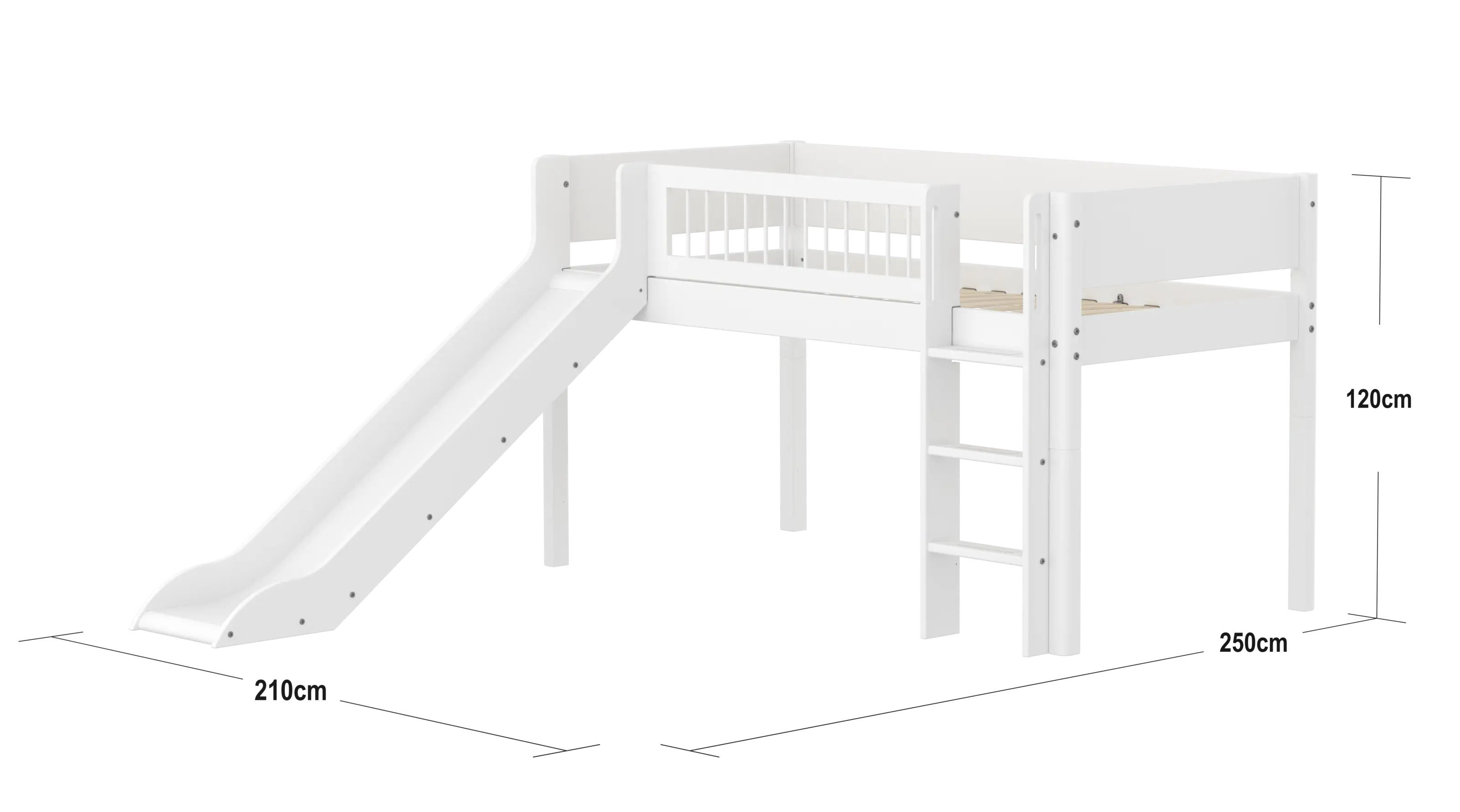 High Bed 120 cm with Slide, Ladder and Safety Rail, 90x200 cm, White MID_HIGH-BED midslp-slide-200x90-str-ladder-crossbars-f-wht  flexa-com.myshopify.com