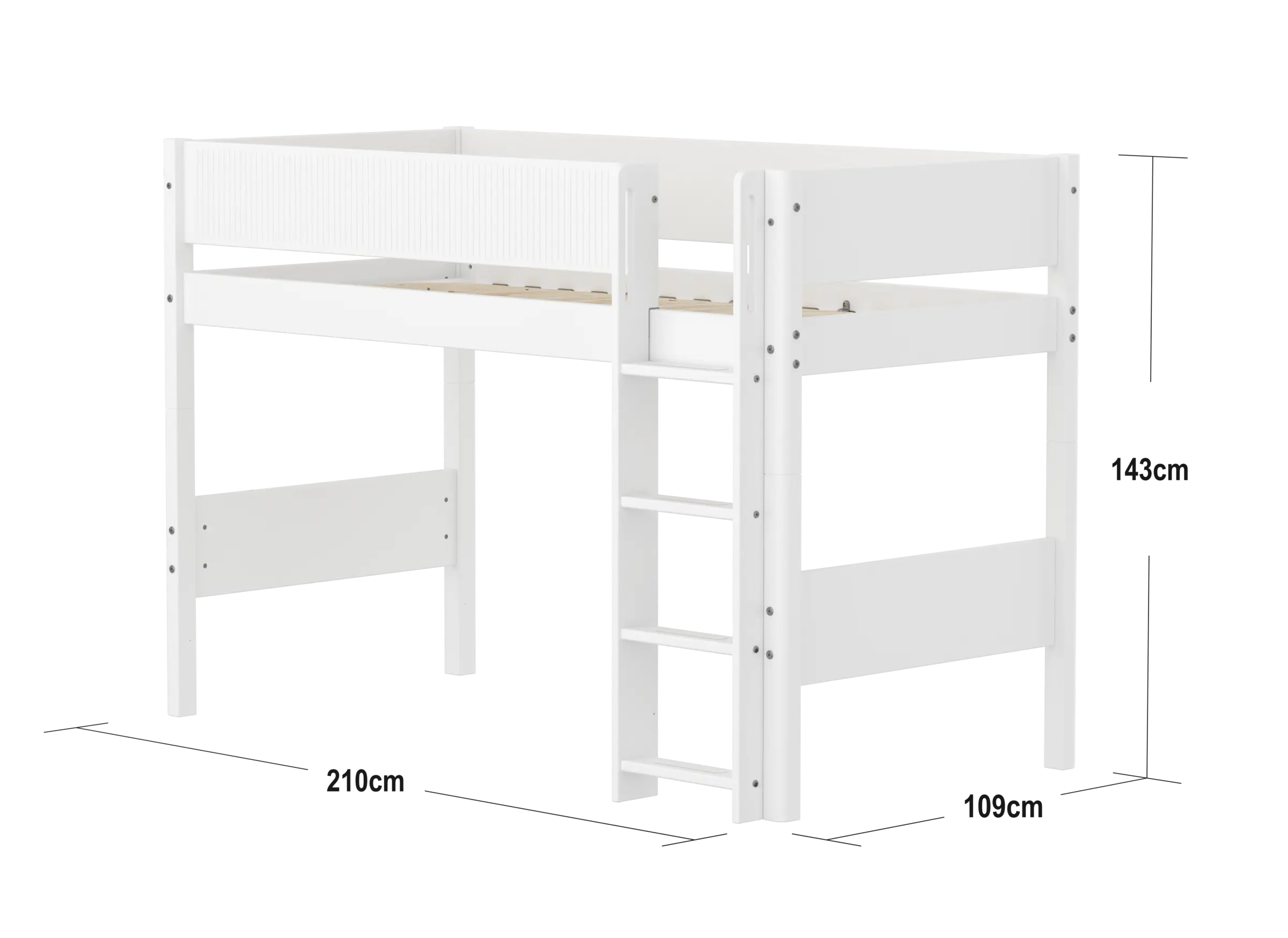 High Bed 143 cm with Ladder and Safety Rail, 90x200 cm, White SEMI_HIGH-BED semi-highsleeper-200x90-f-wht-str-ladder-grooves  flexa-com.myshopify.com