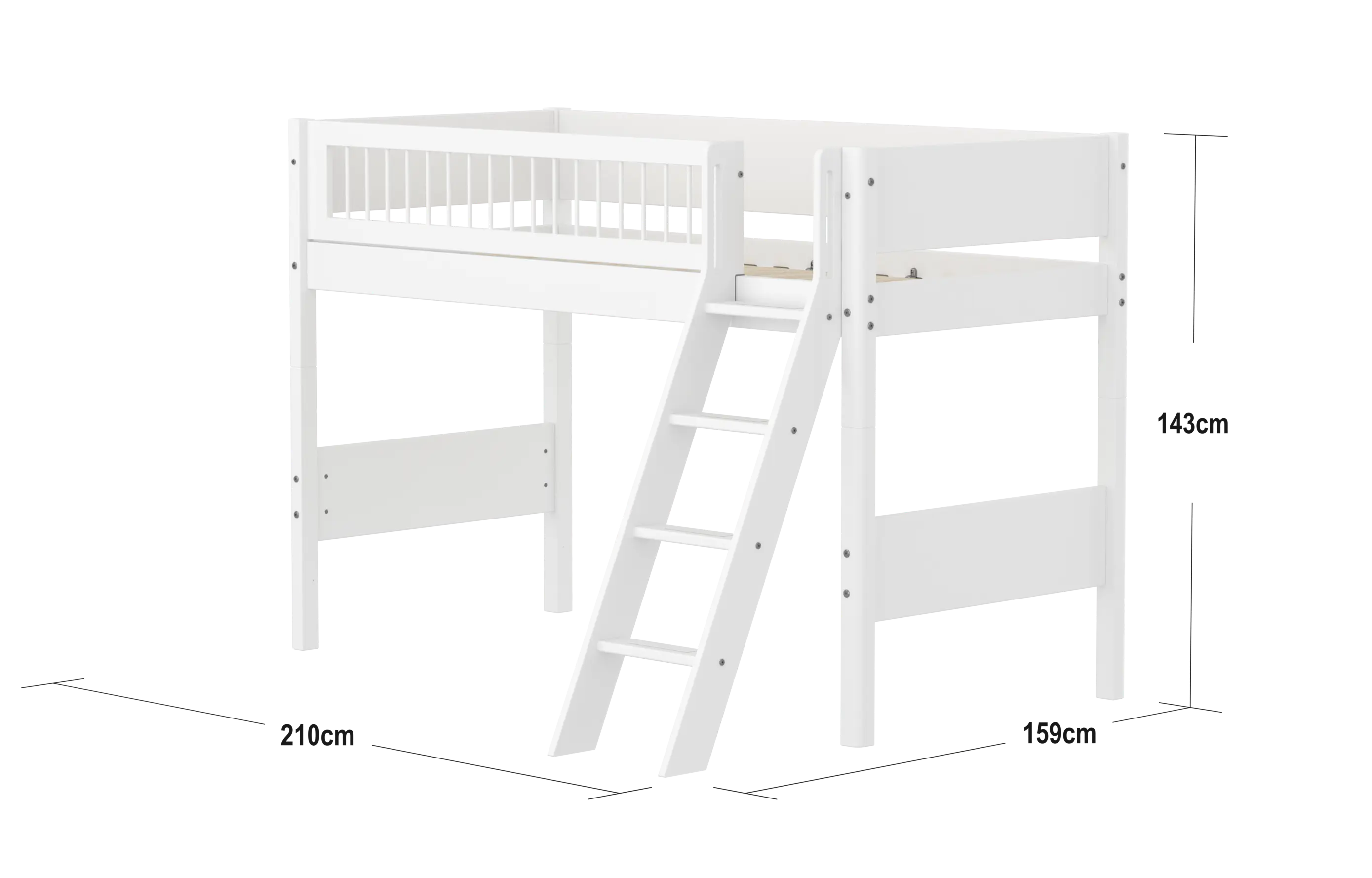 High Bed 143 cm with Ladder and Safety Rail, 90x200 cm, White SEMI_HIGH-BED semi-highsleeper-200x90-f-wht-sl-ladder-crossbars  flexa-com.myshopify.com