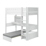 FLEXA WHITE high bed from CLASSIC with desk, sofa, ladder, and rail in a teen room; child-safe guard rail visible.