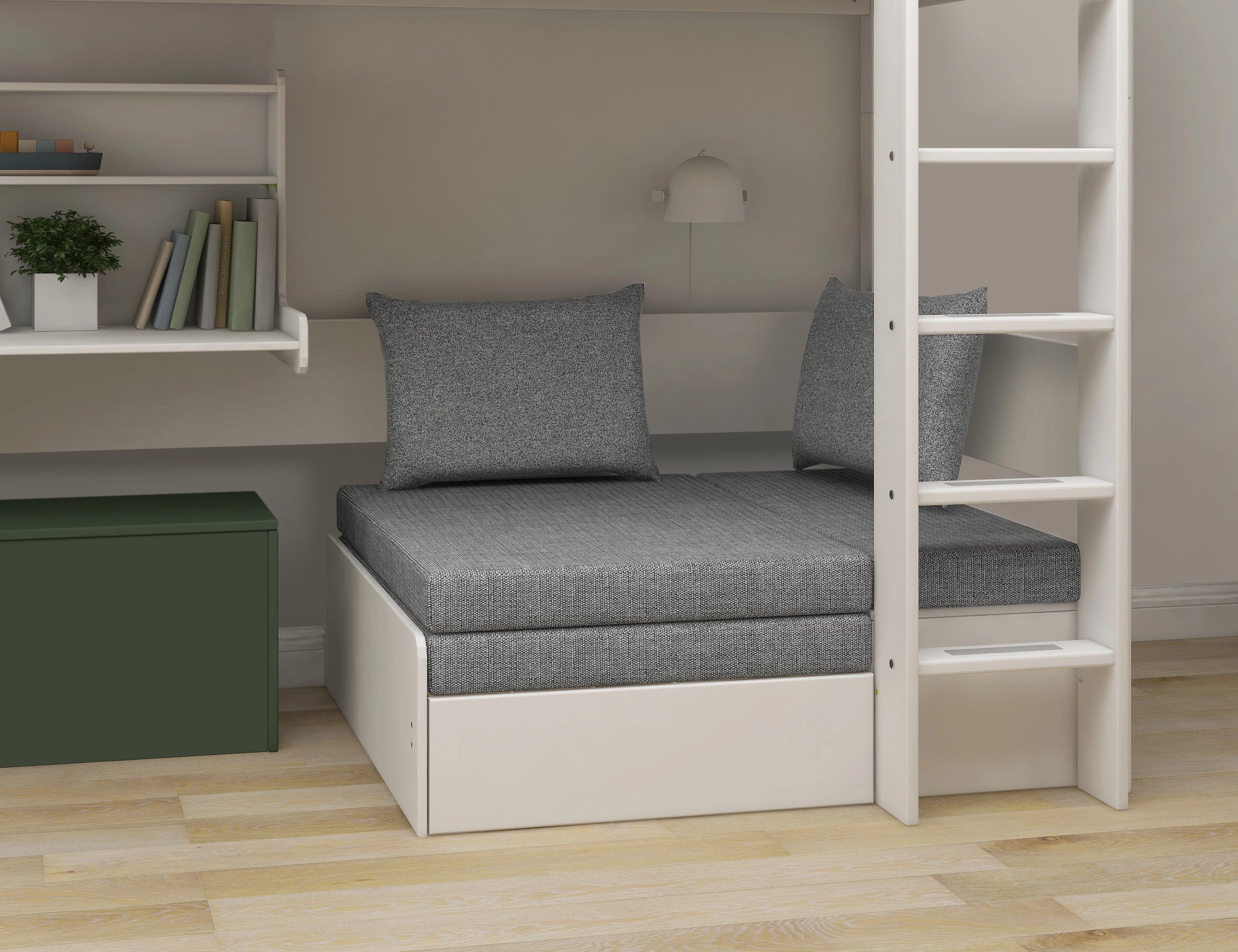 FLEXA WHITE high bed from CLASSIC with desk, sofa, ladder, guard rail, shelves, lamp and green storage in a child’s room.