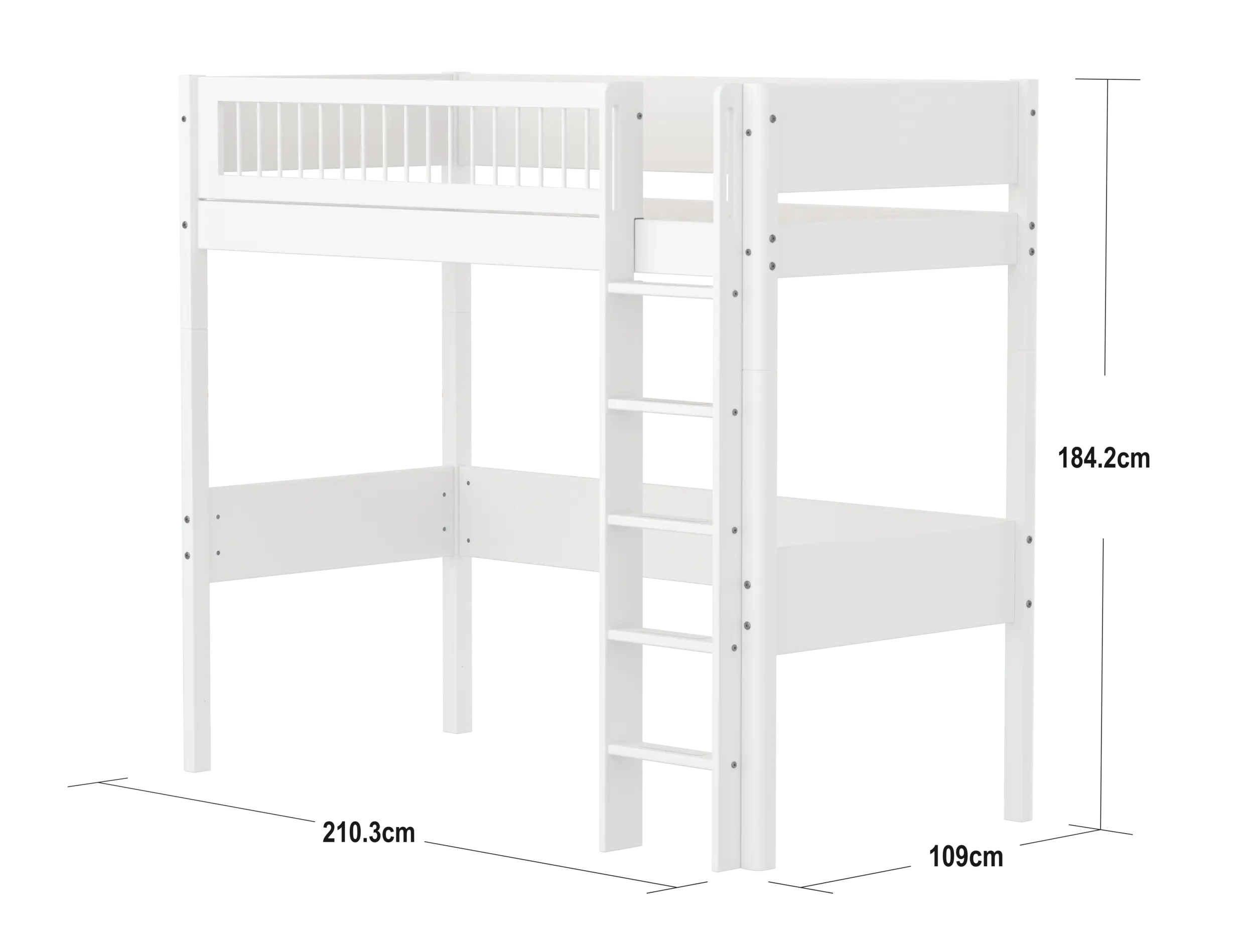 High Bed 184 cm with Ladder and Safety Rail, 90x200 cm, White HIGHBED high-sleeper-f-wht-mdf-200x90cm-legs-f-wht-rail-f-wht  flexa-com.myshopify.com