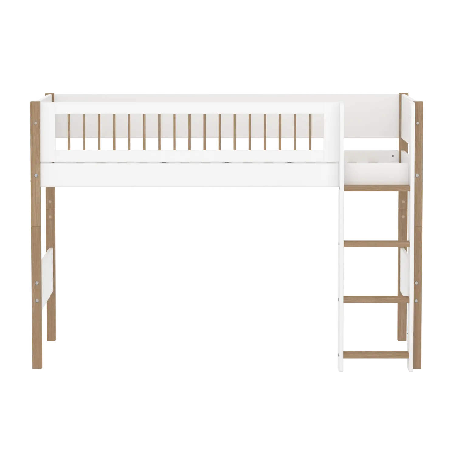High Bed 143 cm with Ladder and Safety Rail, 90x200 cm, White/Oak SEMI_HIGH-BED semi-highsleeper-200x90-legs-crossbars-oak-str-ladder  flexa-com.myshopify.com