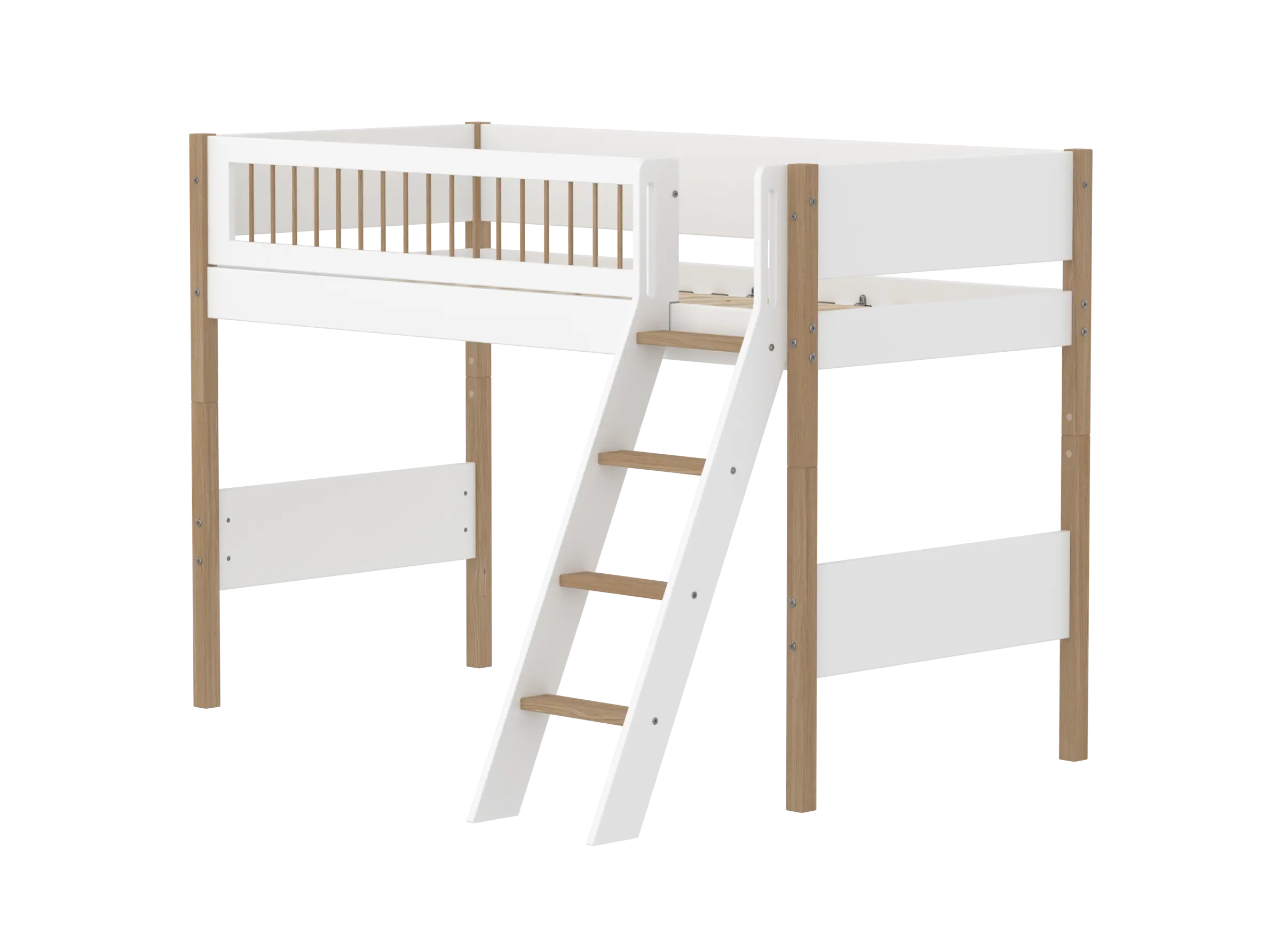 High Bed 143 cm with Ladder and Safety Rail, 90x200 cm, White/Oak SEMI_HIGH-BED semi-highsleeper-200x90-legs-crossbars-oak-sl-ladder  flexa-com.myshopify.com