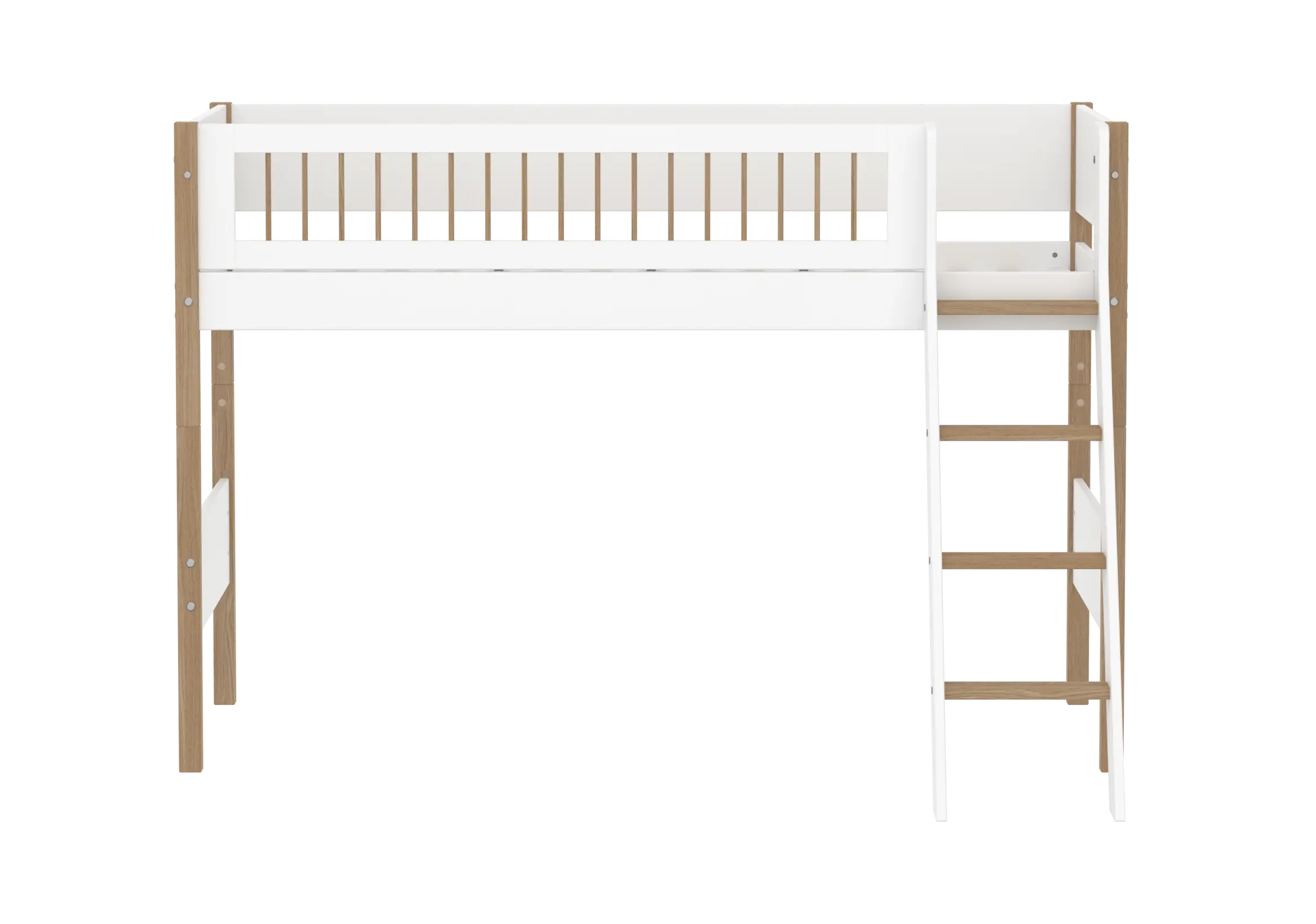 High Bed 143 cm with Ladder and Safety Rail, 90x200 cm, White/Oak SEMI_HIGH-BED semi-highsleeper-200x90-legs-crossbars-oak-sl-ladder  flexa-com.myshopify.com