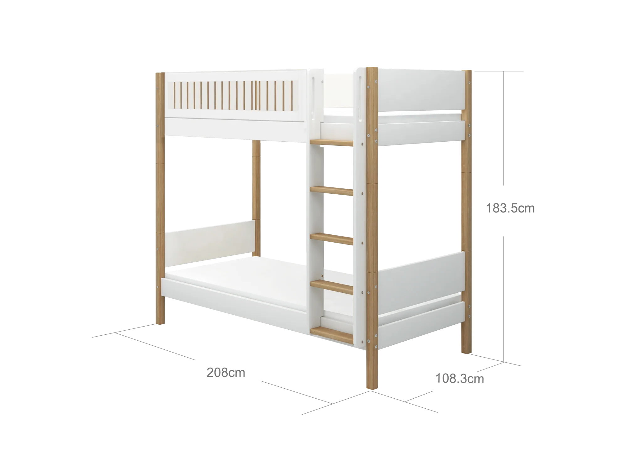 FLEXA Bunk Bed 184 cm with Straight Ladder and Crossbar Safety Rail, 90x200 cm, White/Oak, dimensions