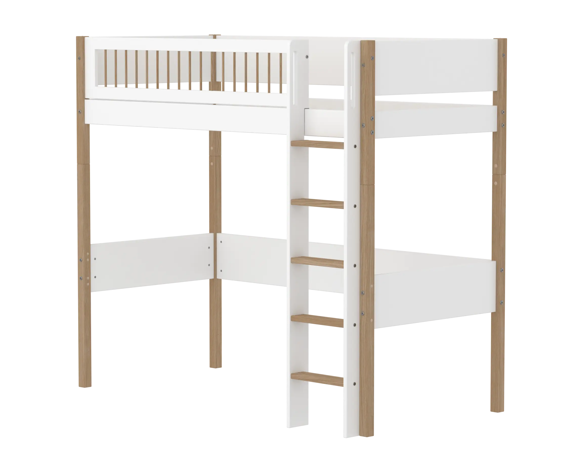 High Bed 184 cm with Ladder and Safety Rail, 90x200 cm, White/Oak HIGHBED high-sleeper-f-wht-mdf-200x90cm-legs-oak-rail-f-wht  flexa-com.myshopify.com