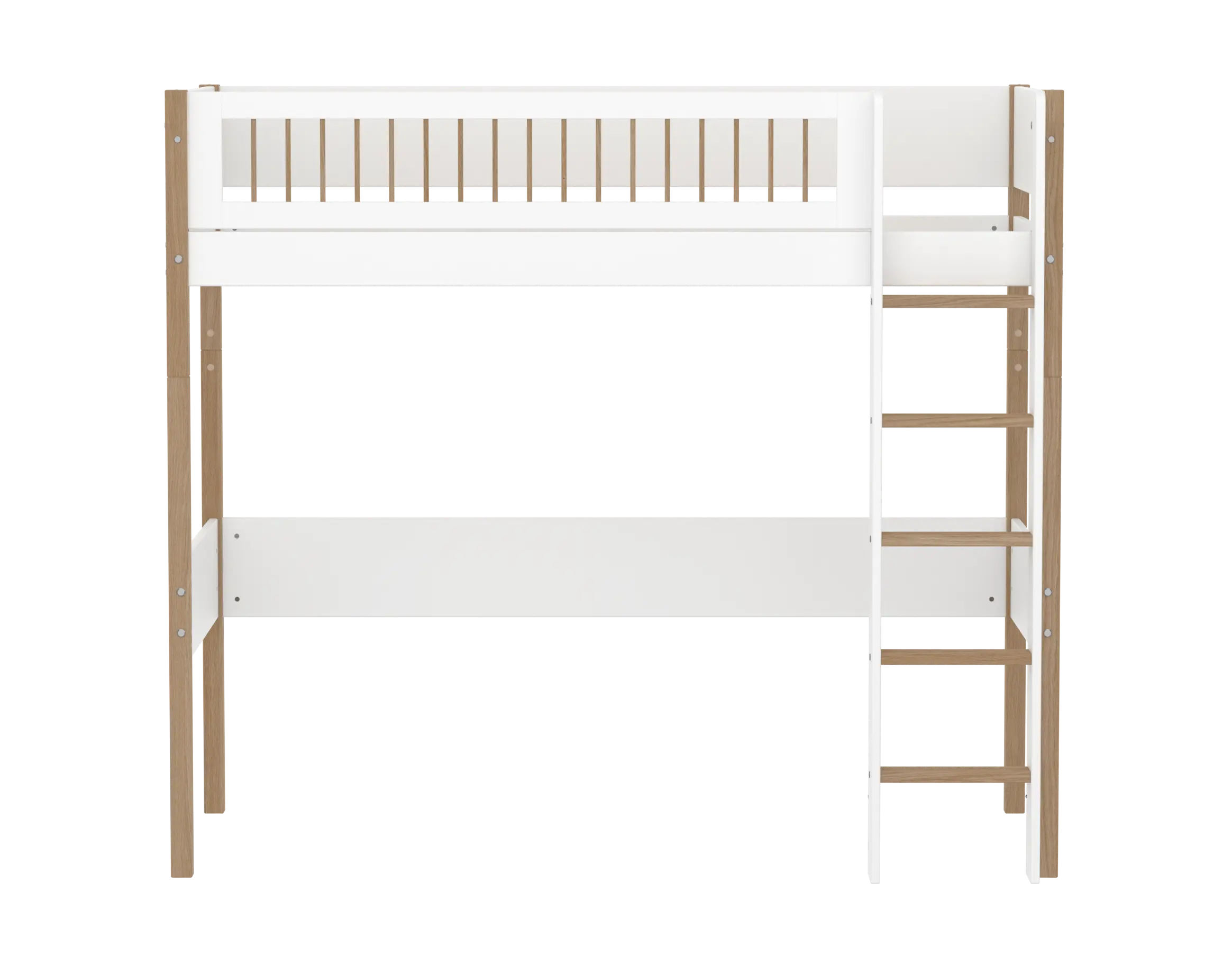 High Bed 184 cm with Ladder and Safety Rail, 90x200 cm, White/Oak HIGHBED high-sleeper-f-wht-mdf-200x90cm-legs-oak-rail-f-wht  flexa-com.myshopify.com