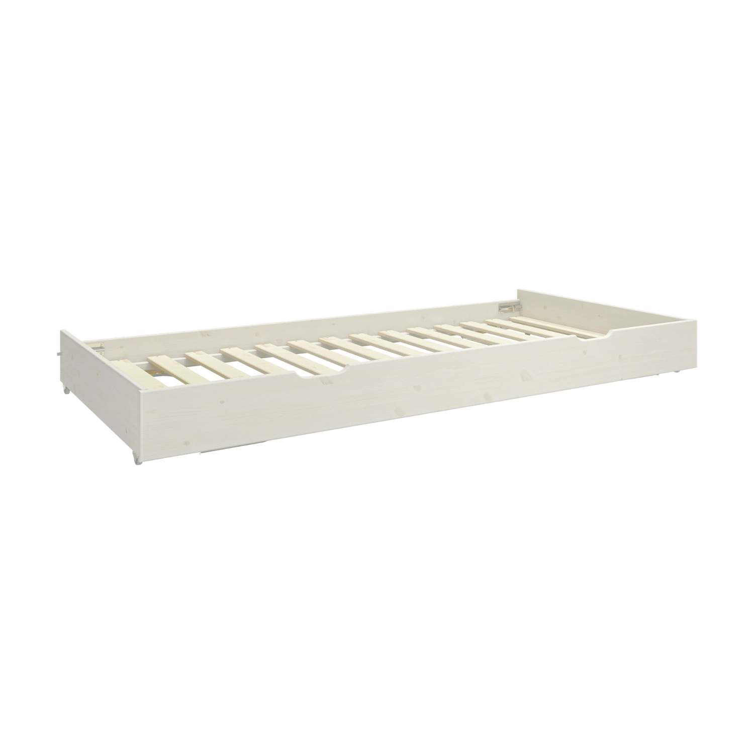 Lit gigogne FLEXA de la collection WHITE, en blanc, conçu pour la sécurité des enfants et doté dun sommier à lattes, présenté dans une chambre denfant.