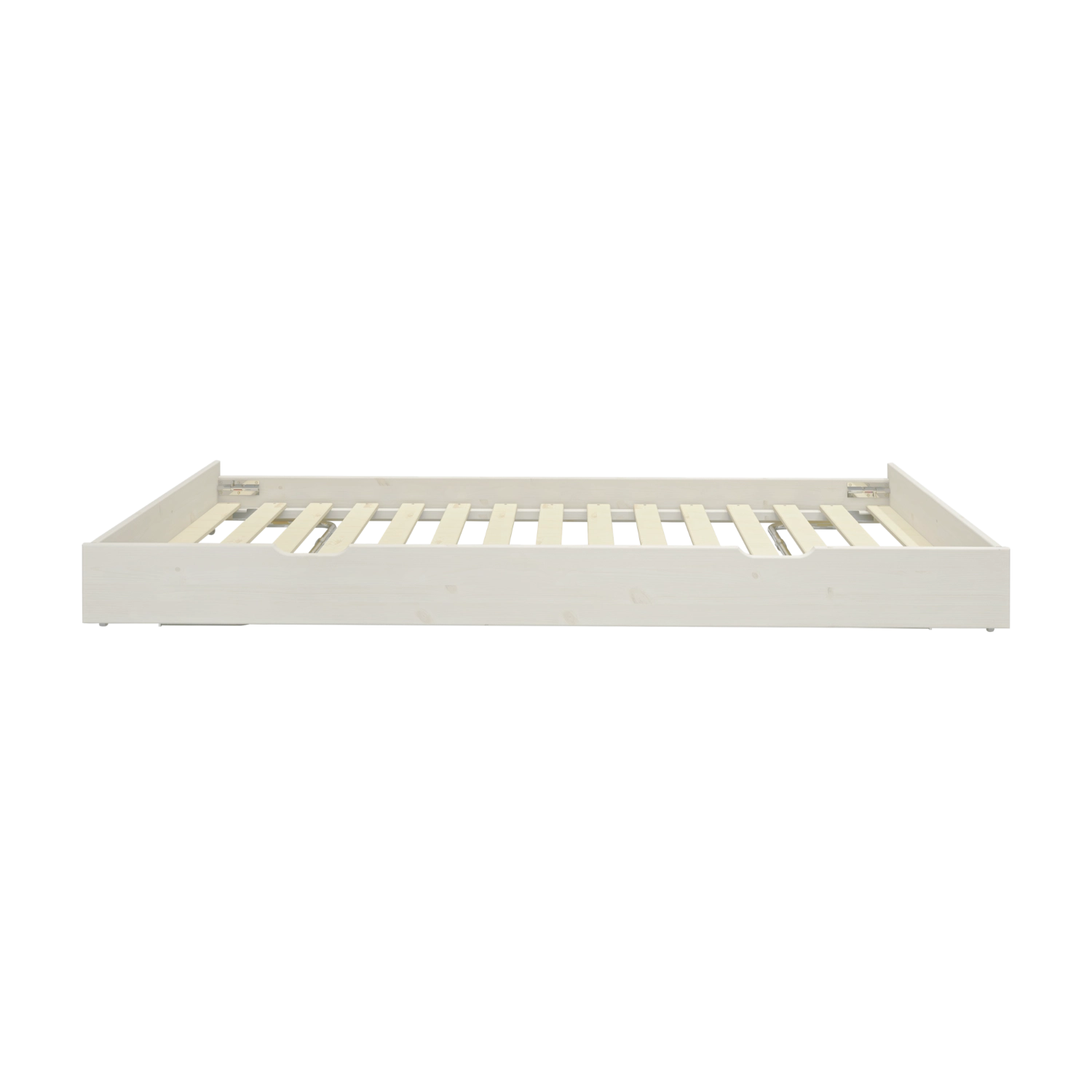 Lit gigogne FLEXA, bois blanc, 90 x 190 cm, vue de face sur fond blanc. Bords sécurisés pour les enfants visibles.