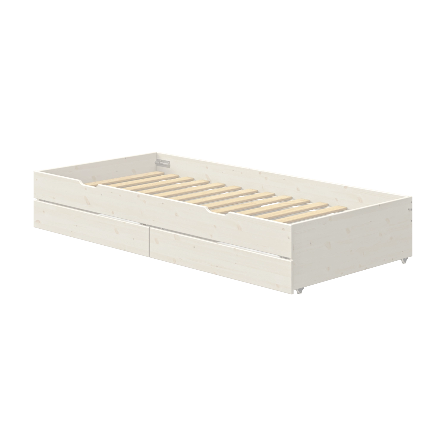 FLEXA Ausziehbett, WEISS, mit zwei Schubladen, Holzlattenrost; kinderfreundliches Design für das Kinderzimmer.