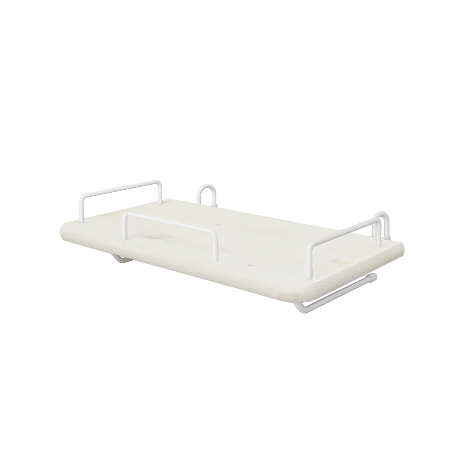 Der Nachttisch FLEXA aus der WHITE-Kollektion aus hellem MDF mit weißen Metallhalterungen lässt sich sicher neben dem Bett befestigen.