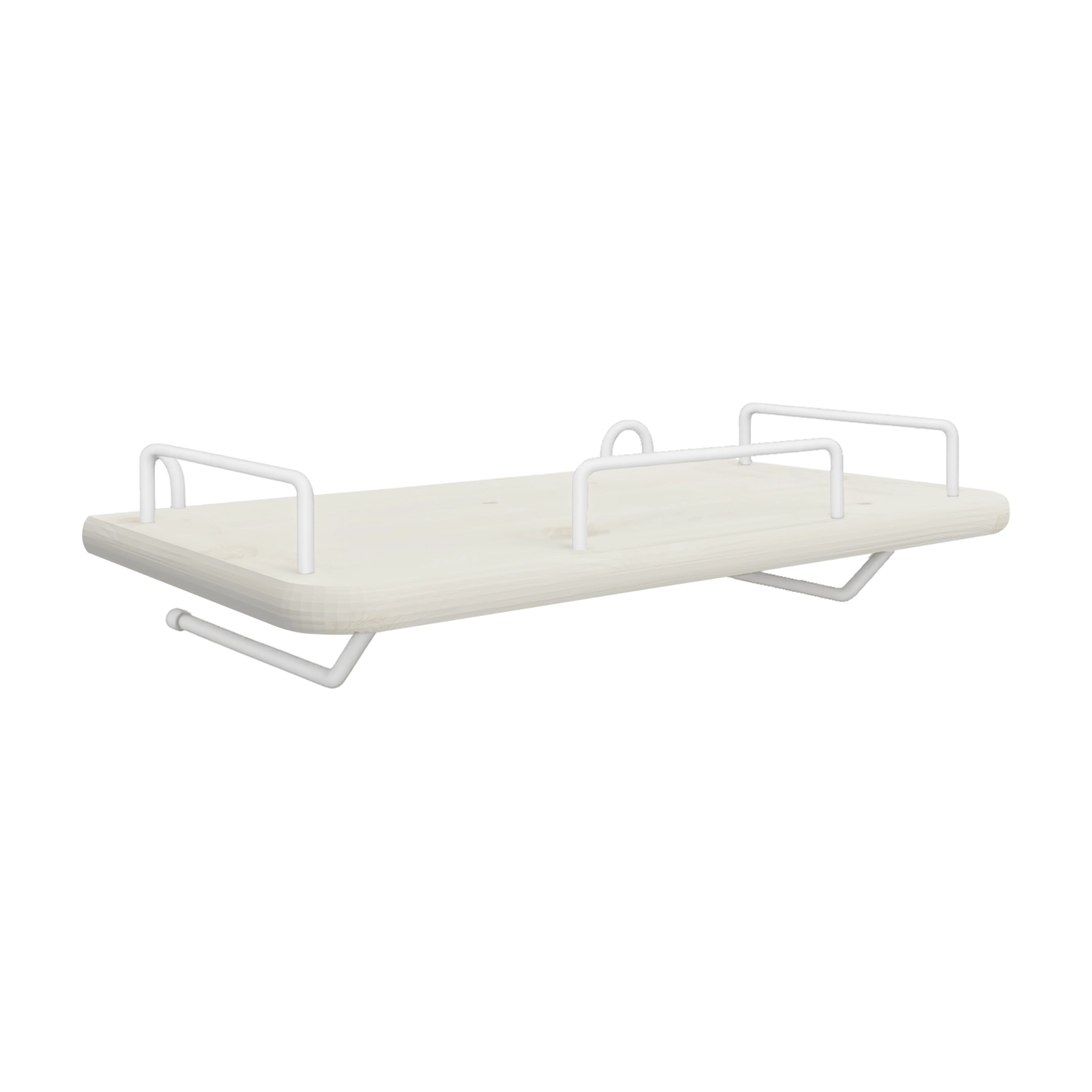 FLEXA-Nachttisch aus der FLEXA-Kollektion aus weißem MDF mit Metallschienen und Haken; schlichtes, kindersicheres Design für moderne Räume.