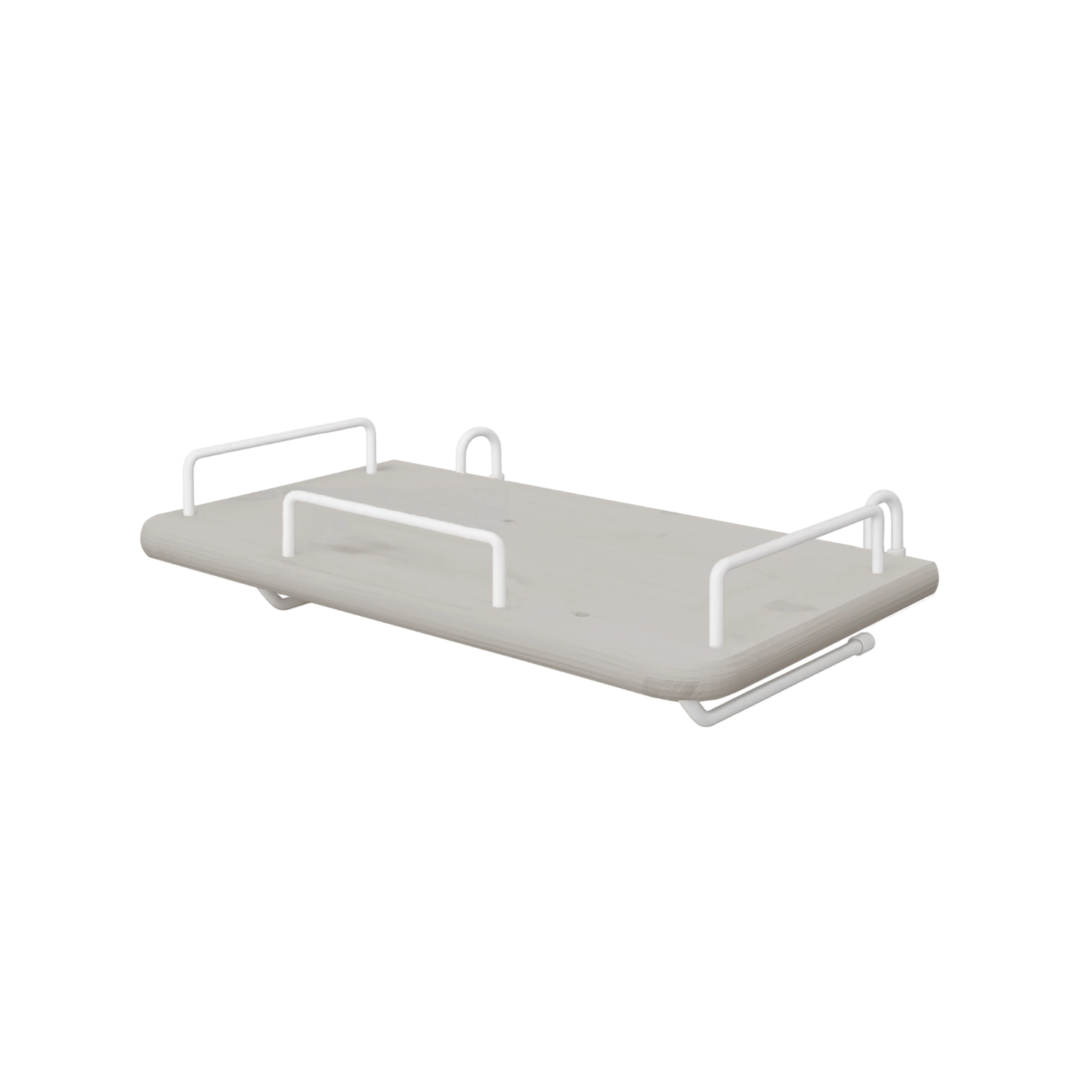 FLEXA-Nachttisch aus der GREY-Kollektion, graues MDF mit vier weißen Metallgriffen, kindersichere Kanten, neben dem Bett.