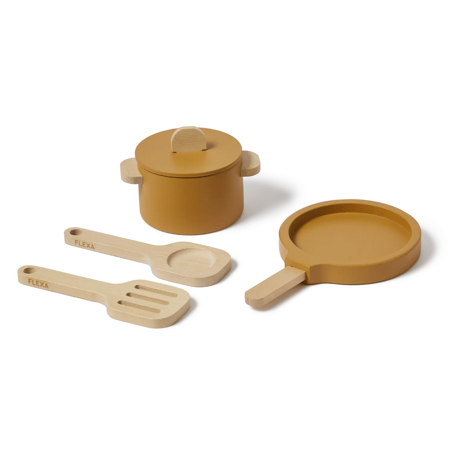 Pot & Pan, 5 pcs, Handpainted, Yellow PLAY pot-pan-mustard-natural-wood  flexa-com.myshopify.com