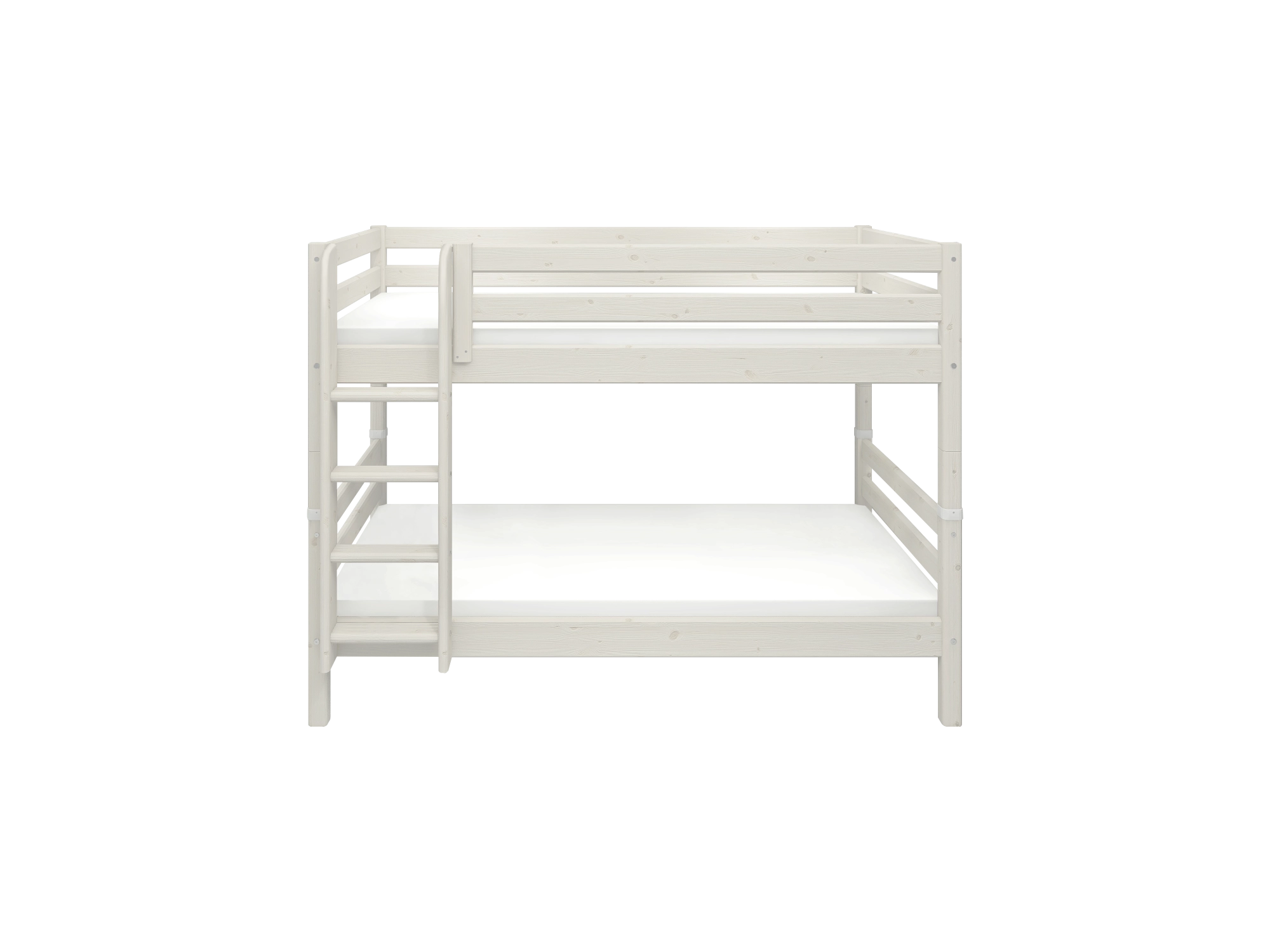 FLEXA CLASSIC weißes Etagenbett, 90 x 200 cm, Leiter links, Sicherheitsgeländer, kindersichere Ausführung in einem Kinderzimmer.