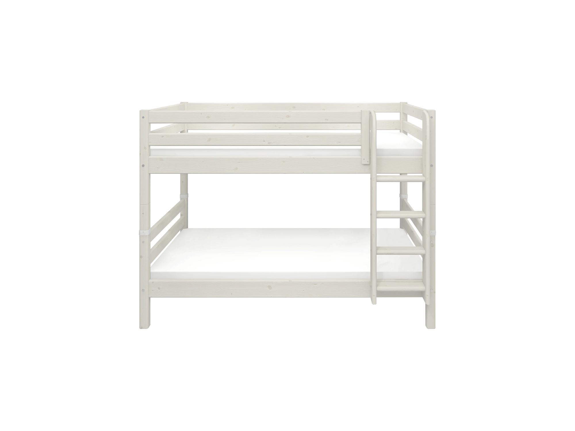 FLEXA CLASSIC Etagenbett aus Weißkiefer mit Leiter auf der rechten Seite und Sicherheitsgeländer, kindersicher, abgebildet in einem Kinderzimmer.