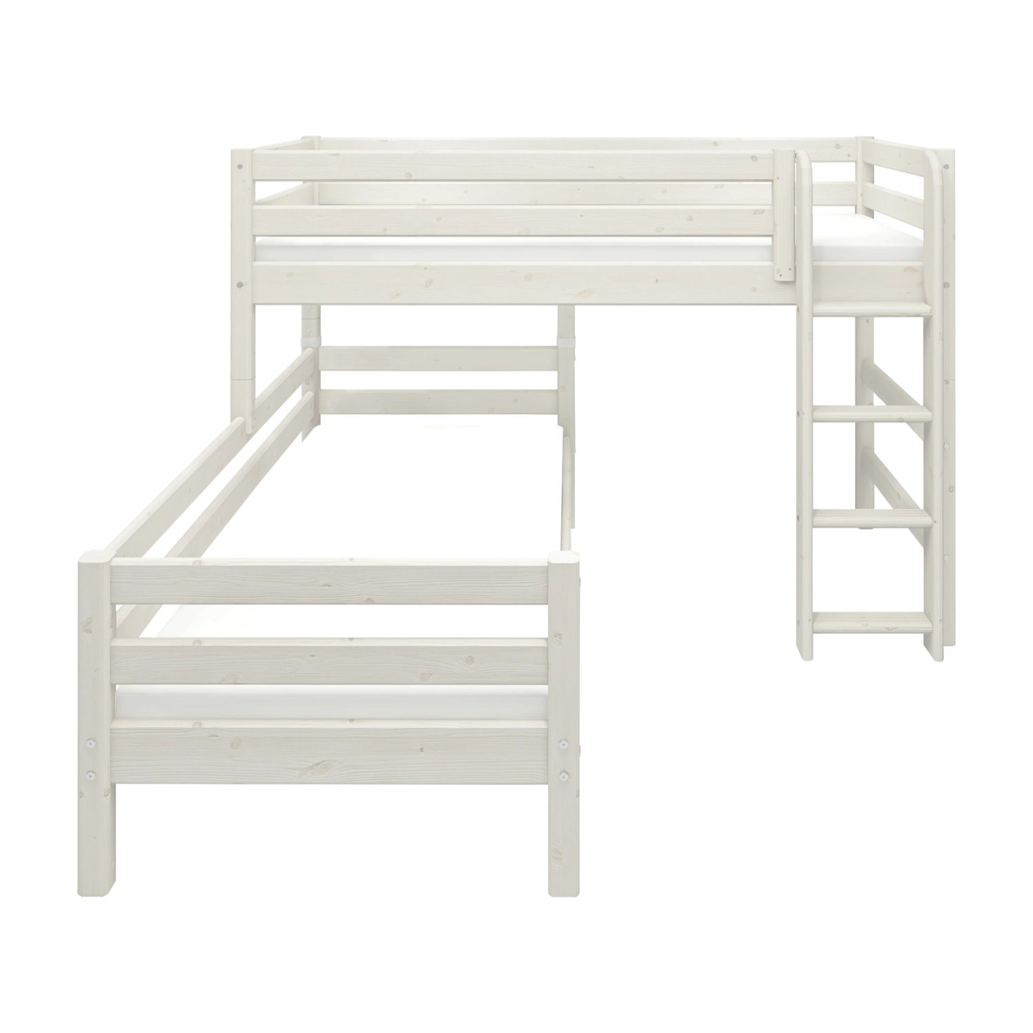 Weißes FLEXA-Etagenbett mit Leiter und Sicherheitsgeländer, Serie CLASSIC, kindersicheres Design für ein helles Kinderzimmer.