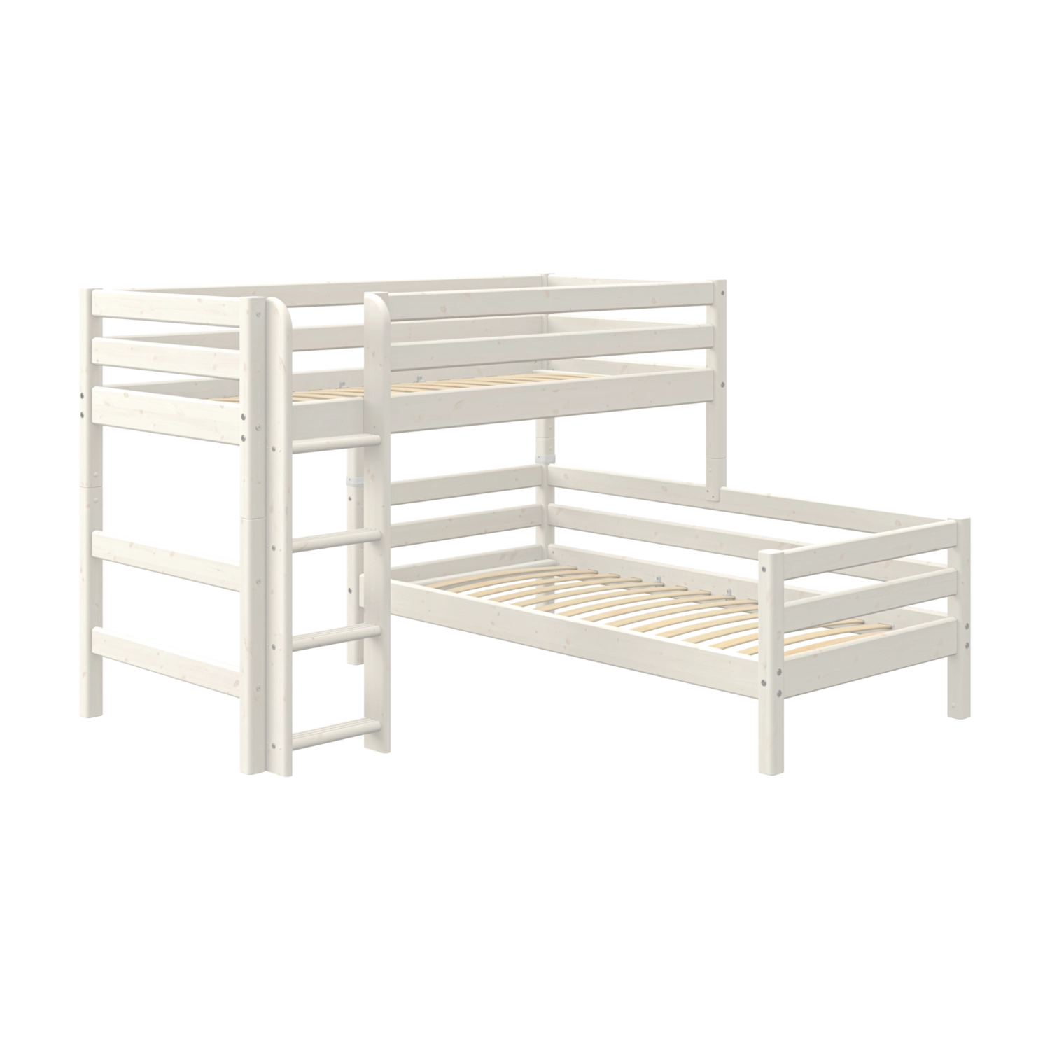 FLEXA Hochbettbeine aus Weißkiefer für Einzelbett, Teil der FLEXA-Kollektion, sichtbare Leiter und Lattenrost, kindersicheres Design.
