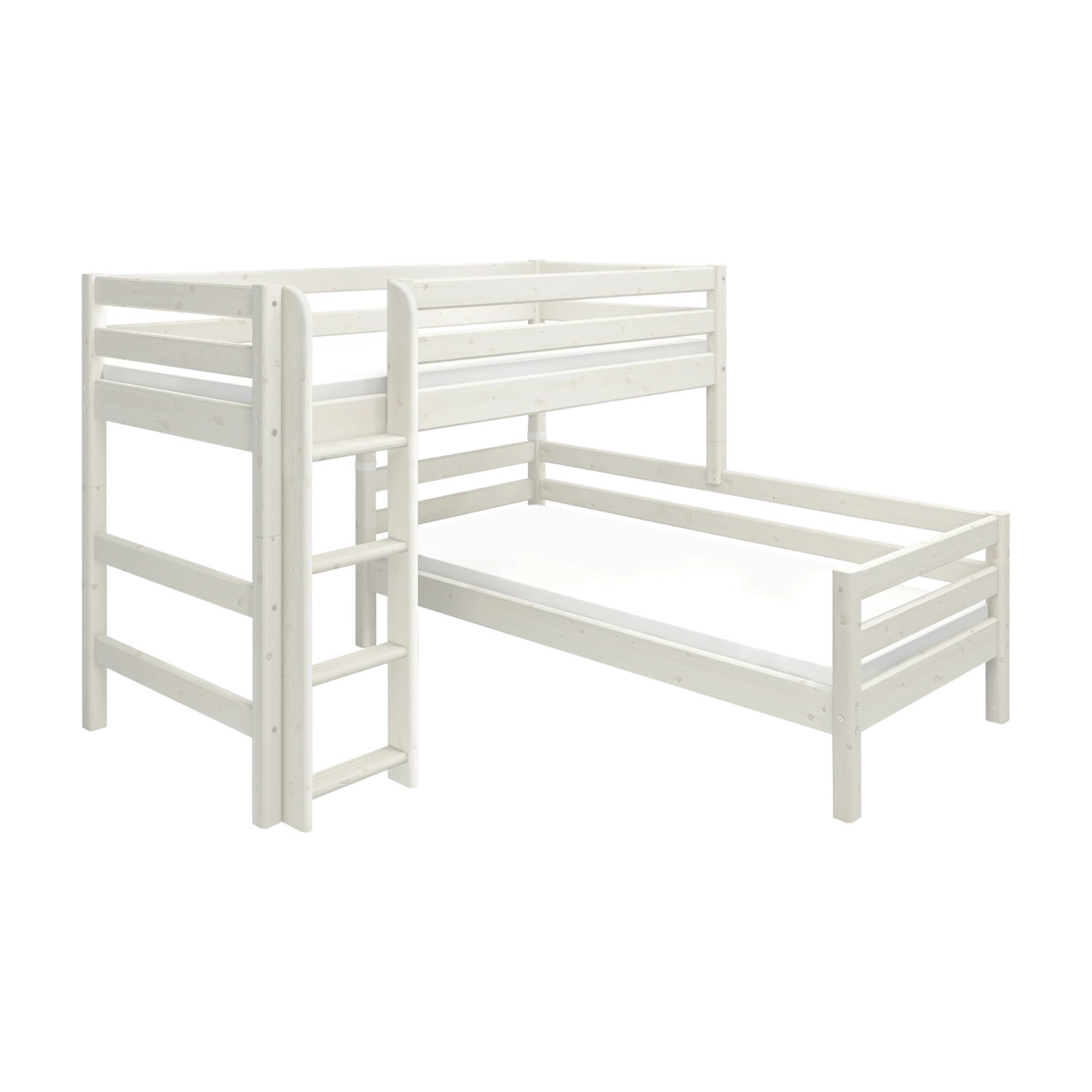FLEXA-Etagenbett, Kollektion CLASSIC, aus weißem Kiefernholz mit Leiter und Sicherheitsgeländer, kindersichere Ausstattungsmerkmale für das Kinderzimmer.
