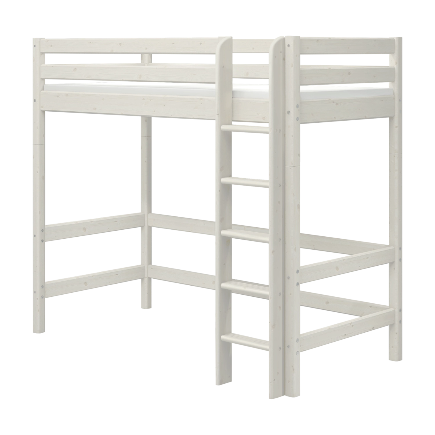 FLEXA WHITE Bettbeine aus massivem Kiefernholz für ein hohes Hochbett, sichtbare integrierte Leiter, glatte, kindersichere Kanten im Kinderzimmer.