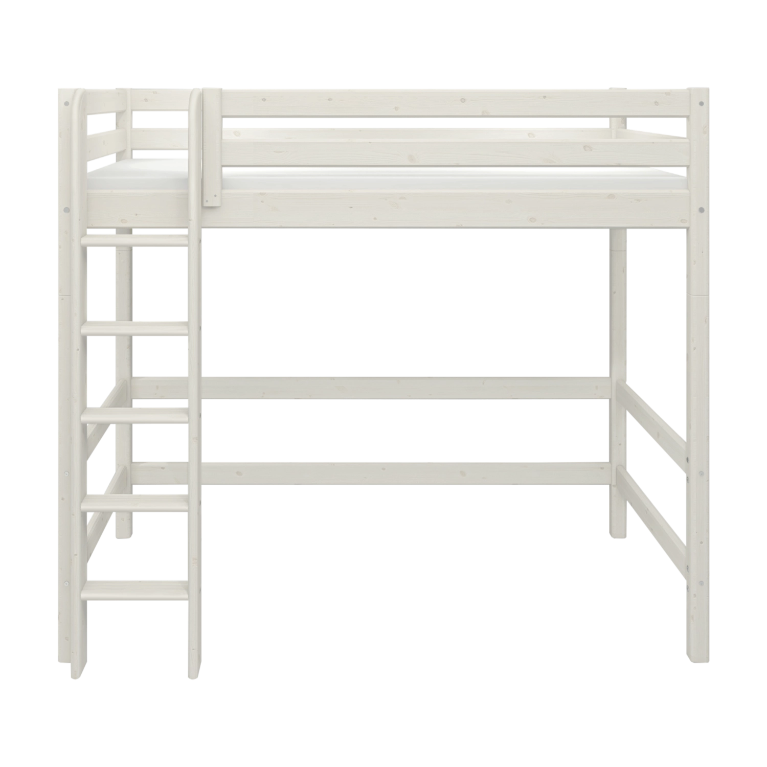 FLEXA WHITE Hochbett, Leiter und Sicherheitsgeländer, Stauraum oder Arbeitsbereich unter dem Bett, kindersicher, in einem Kinderzimmer.