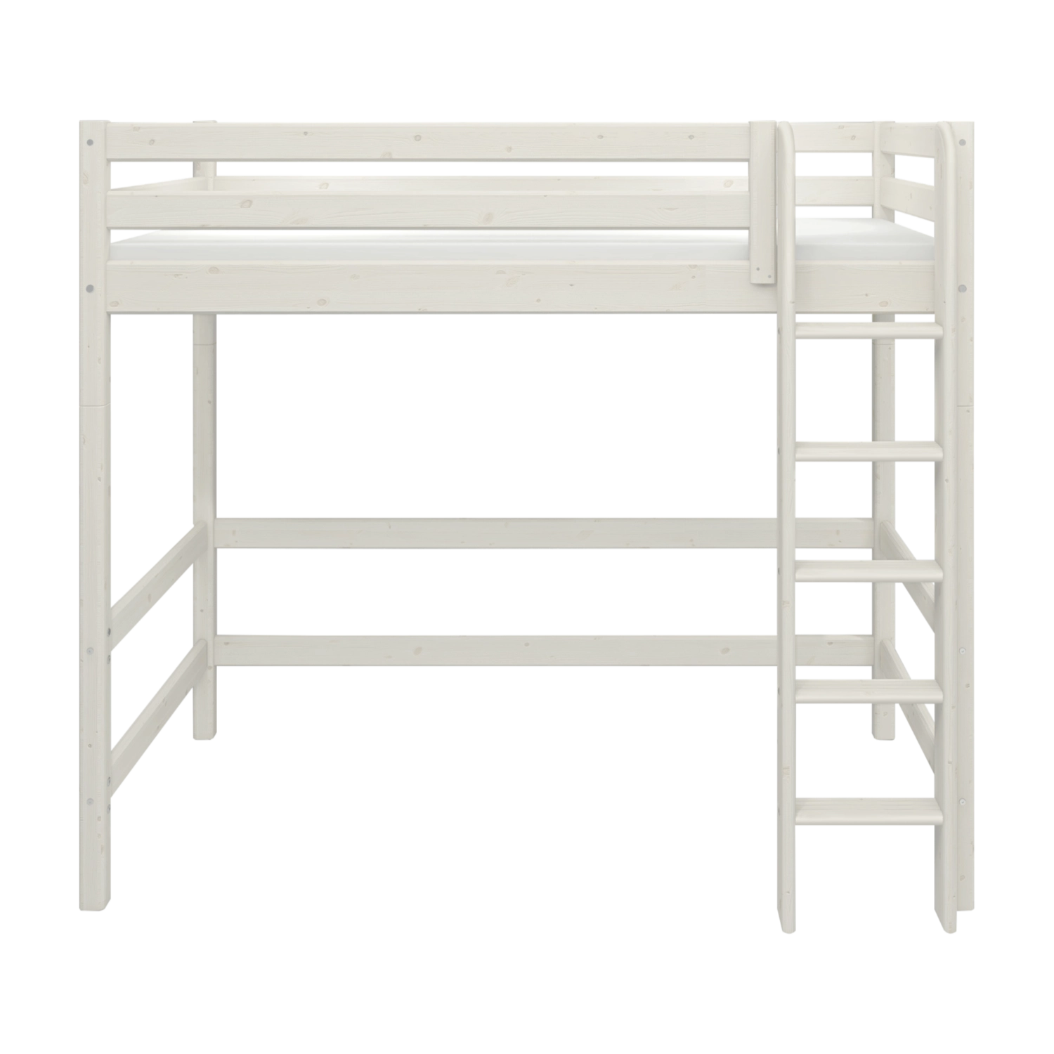 FLEXA WHITE Hochbett mit Leiter und Sicherheitsgeländer, Stauraum darunter, in einem Kinderzimmer.
