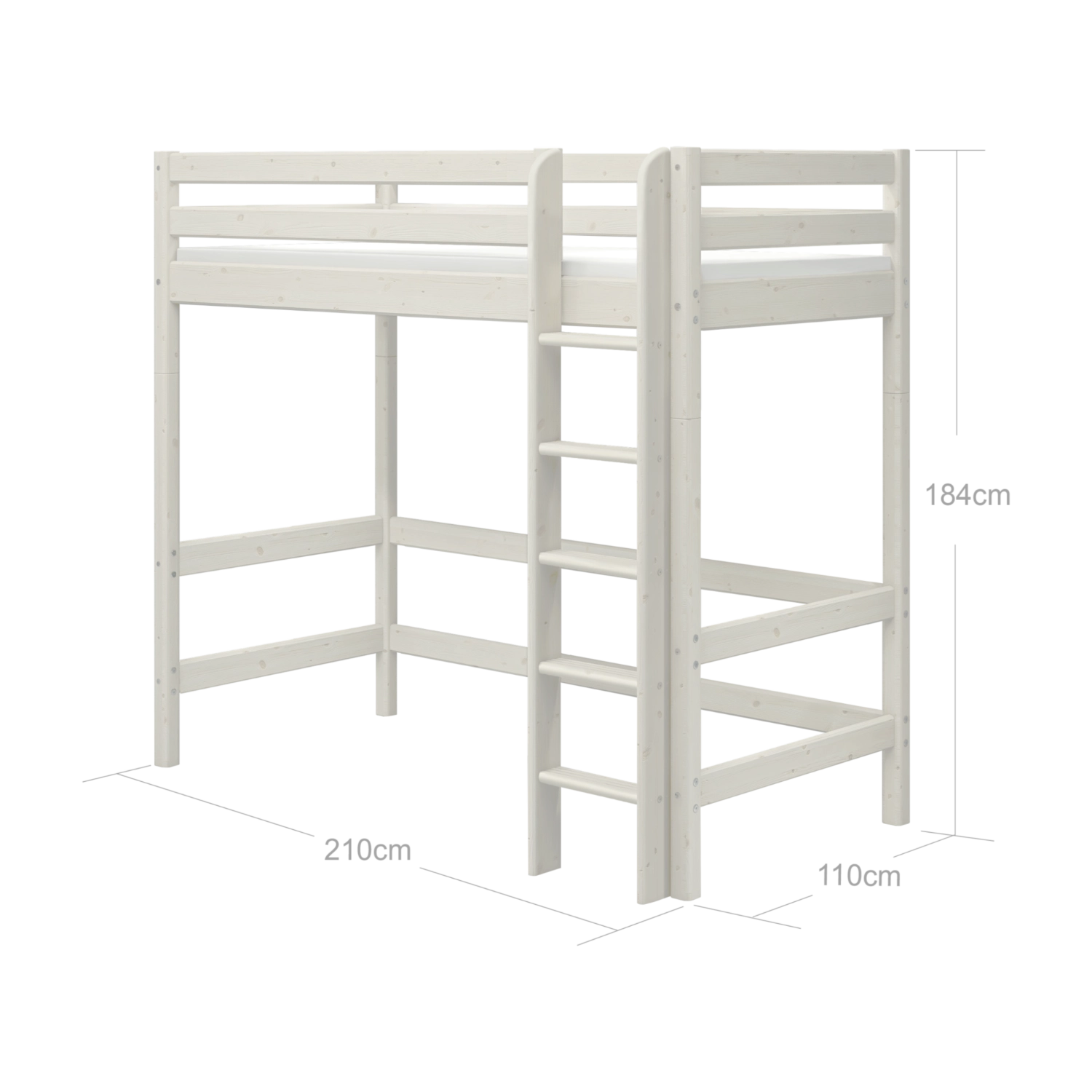 Weißes FLEXA-Hochbett aus der CLASSIC-Serie mit Leiter, Sicherheitsgitter und Stauraum unter dem Bett, abgebildet in einem Kinderzimmer.